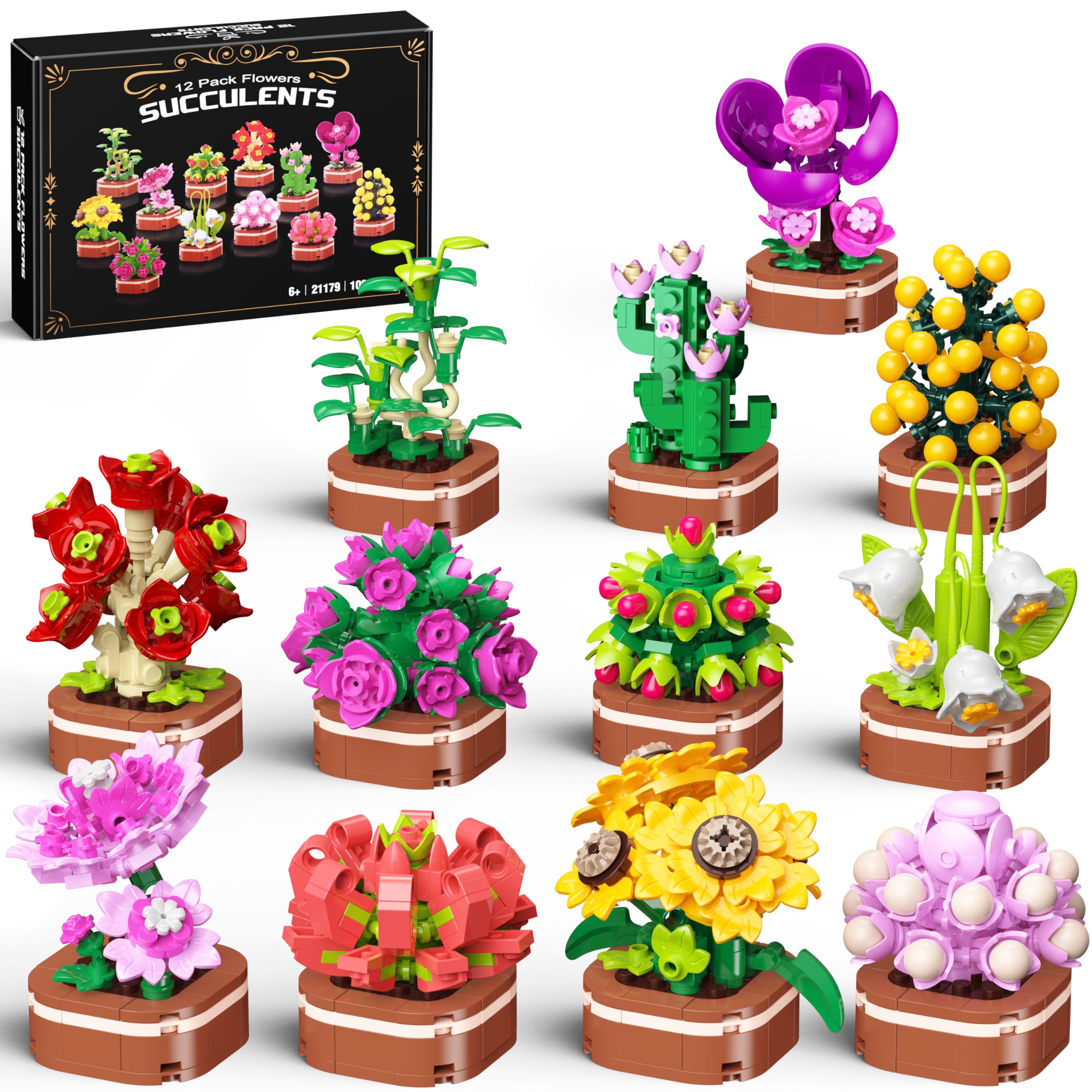 Flowers Bouquet Building Set, 12 in 1 Mini Botanical Collection with Succulent Sunflowers, Roses Plant, Valentines, Mother's Day, for Kid 6+, Adults, Girls, Women, 1001 PCS
