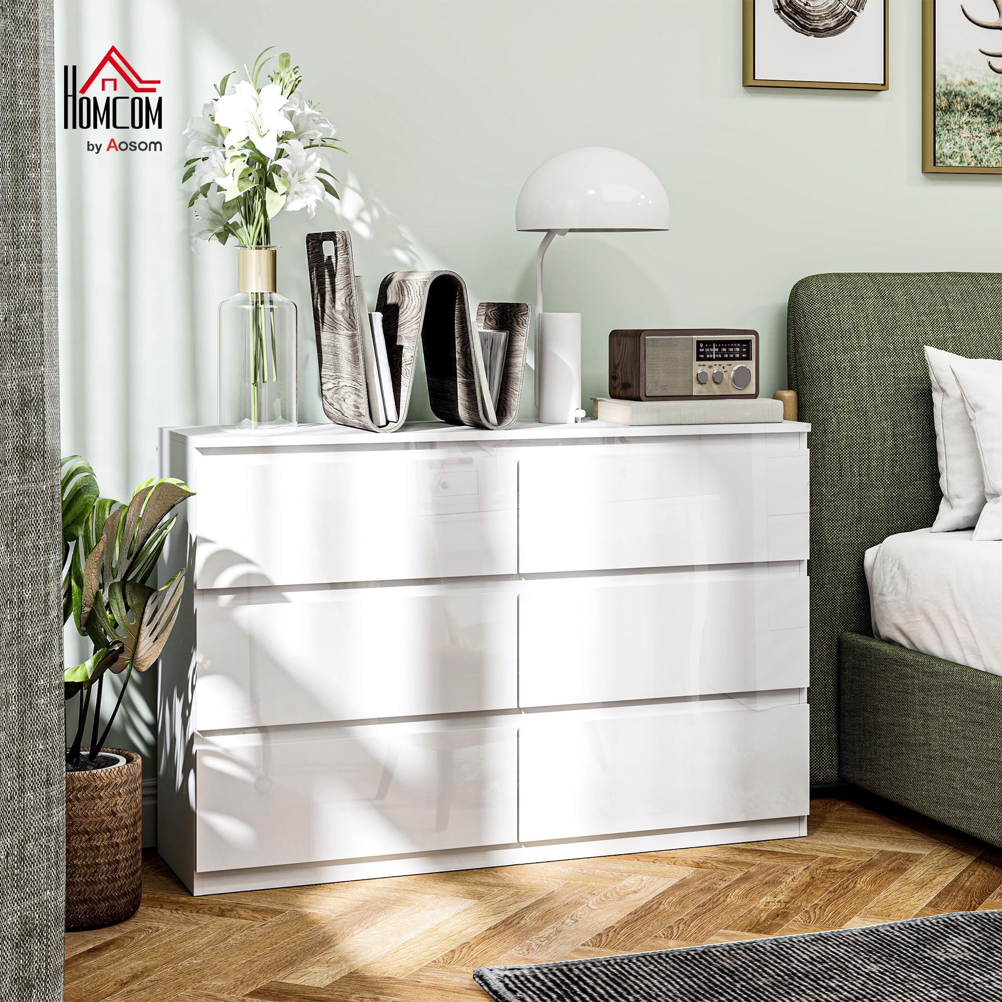 HOMCOM Cómoda con 6 Cajones Cómoda de Dormitorio Moderno con Diseño Anti-vuelco Cajonera para Salón Pasillo 112x34x75 cm Blanco Brillo