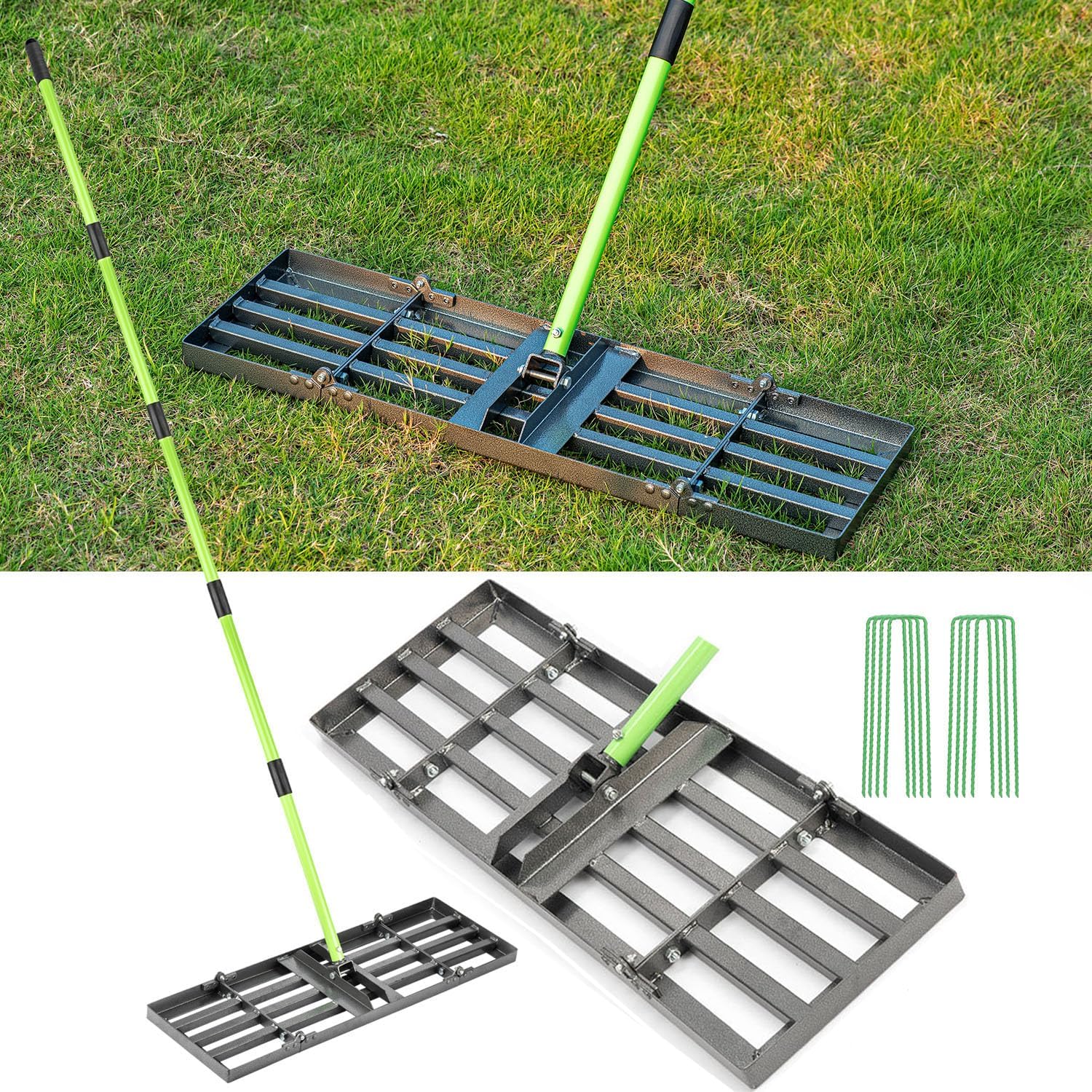 Lawn Leveling Rake 30×10 inch,Stainless Steel Lawn Leveler with Green Positioning Stakes,78″ Adjustable Long Handle,Heavy Duty Level Lawn Tool for Backyard, Garden, Golf Course, Farm, Pasture