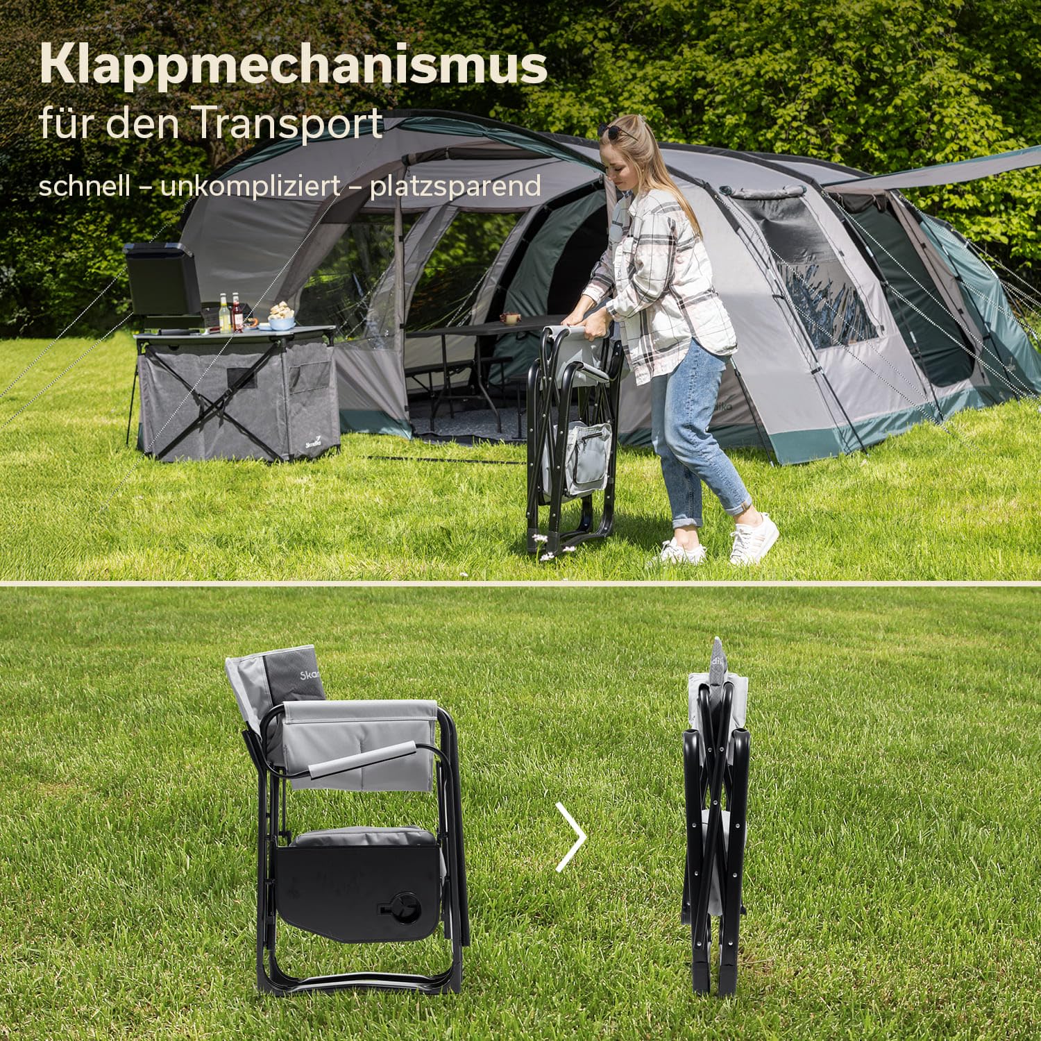 Skandika Campingstuhl Tepsa | Bequemer Klappstuhl mit Tisch und Kühlfach, bis max. 150 kg, klappbar, Getränkehalter | Faltstuhl für Camping, Zelten, Festival, Angeln, Strand