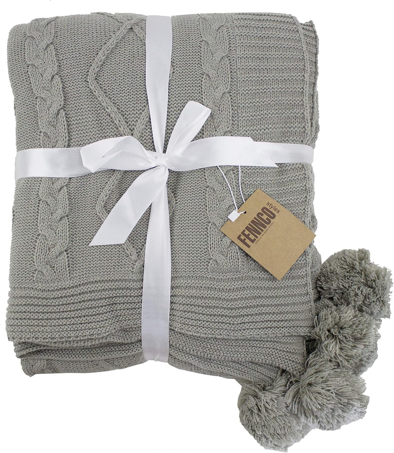 Fennco Styles Luxe Faux Fur Cable Knit Reversible Pom Pom Cozy Throw Blanket, 50" x 60" (Grey)