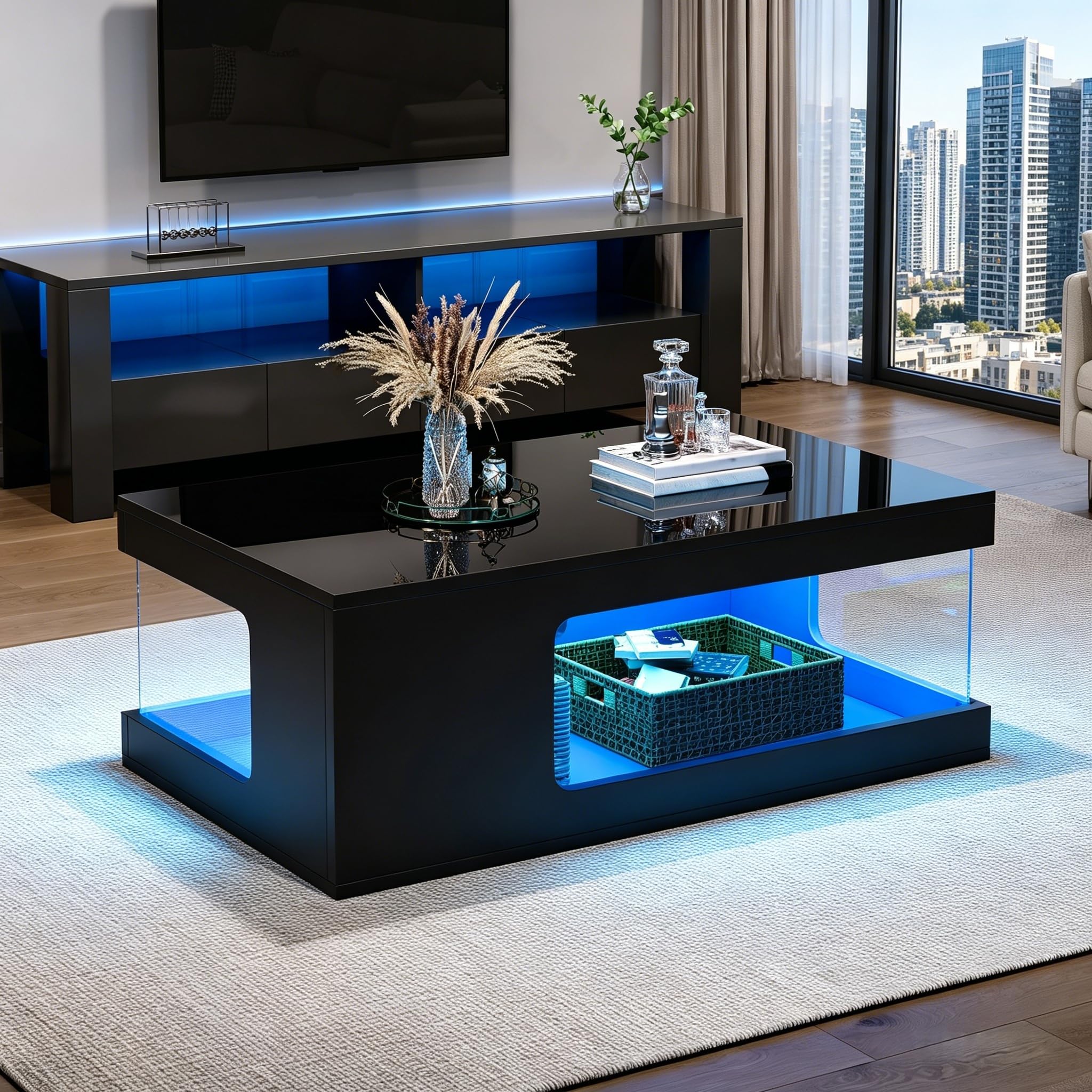 Offener Couchtisch Mit LED, Hochglanz Wohnzimmertisch Mit Glas-Seitenfächern, USB-Lichtleiste Und Stauraum, 100 x 50 x 35 cm