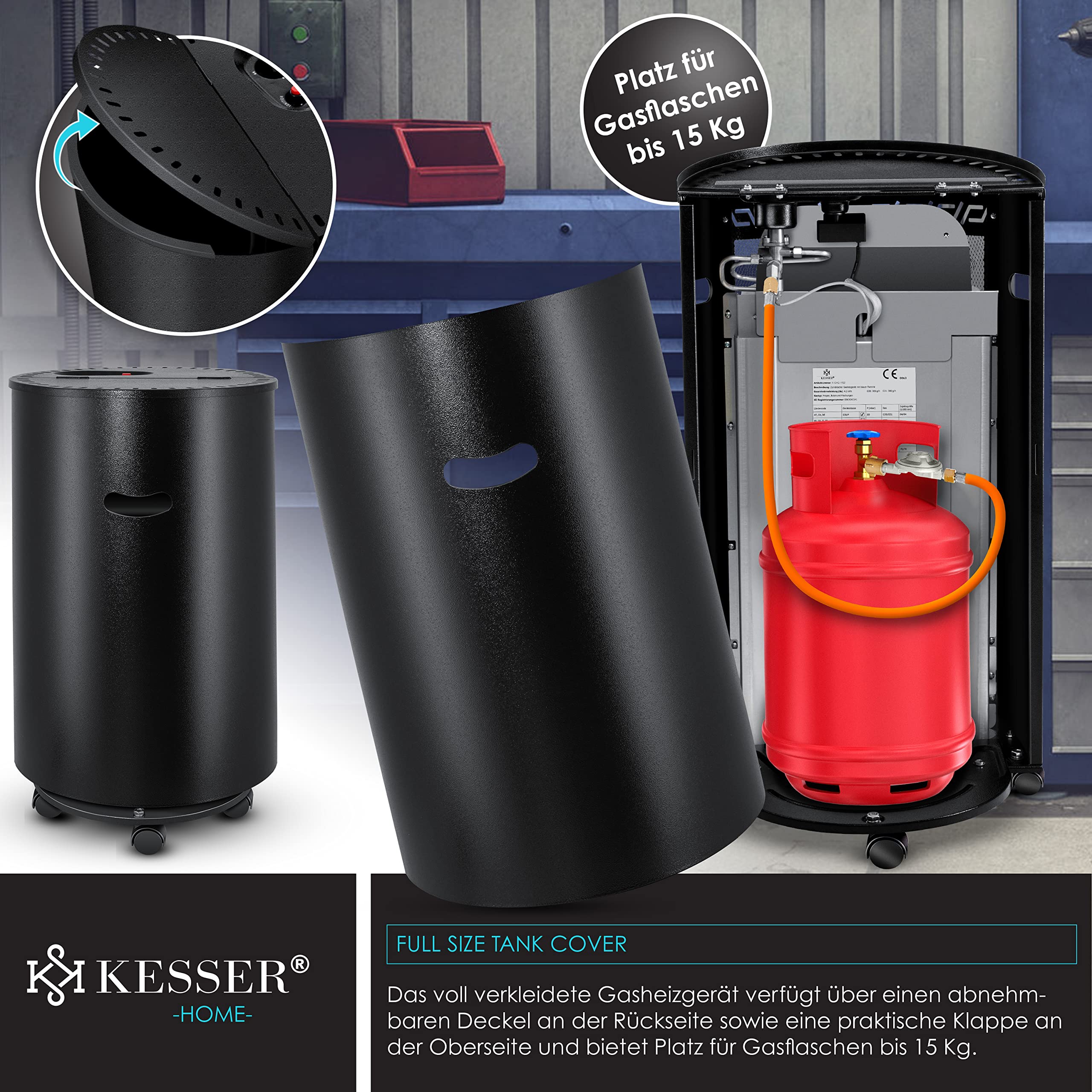 KESSER® Gasheizer Keramik 4200 Watt Gas Heizstrahler inkl. Gasdruckregler Gasschlauch - Gasheizofen inkl. Schutzhülle Gasheizgerät, Infrarot Keramikbrenner, Butan- oder Propangasflaschen, Schwarz