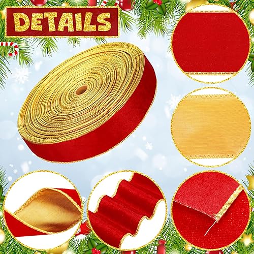 Miniatura 10 de Yinder Cinta de terciopelo de Navidad de 2.5 pulgadas, con bordes dorados con alambre, cinta de envoltura de doble cara para lazo de Navidad,