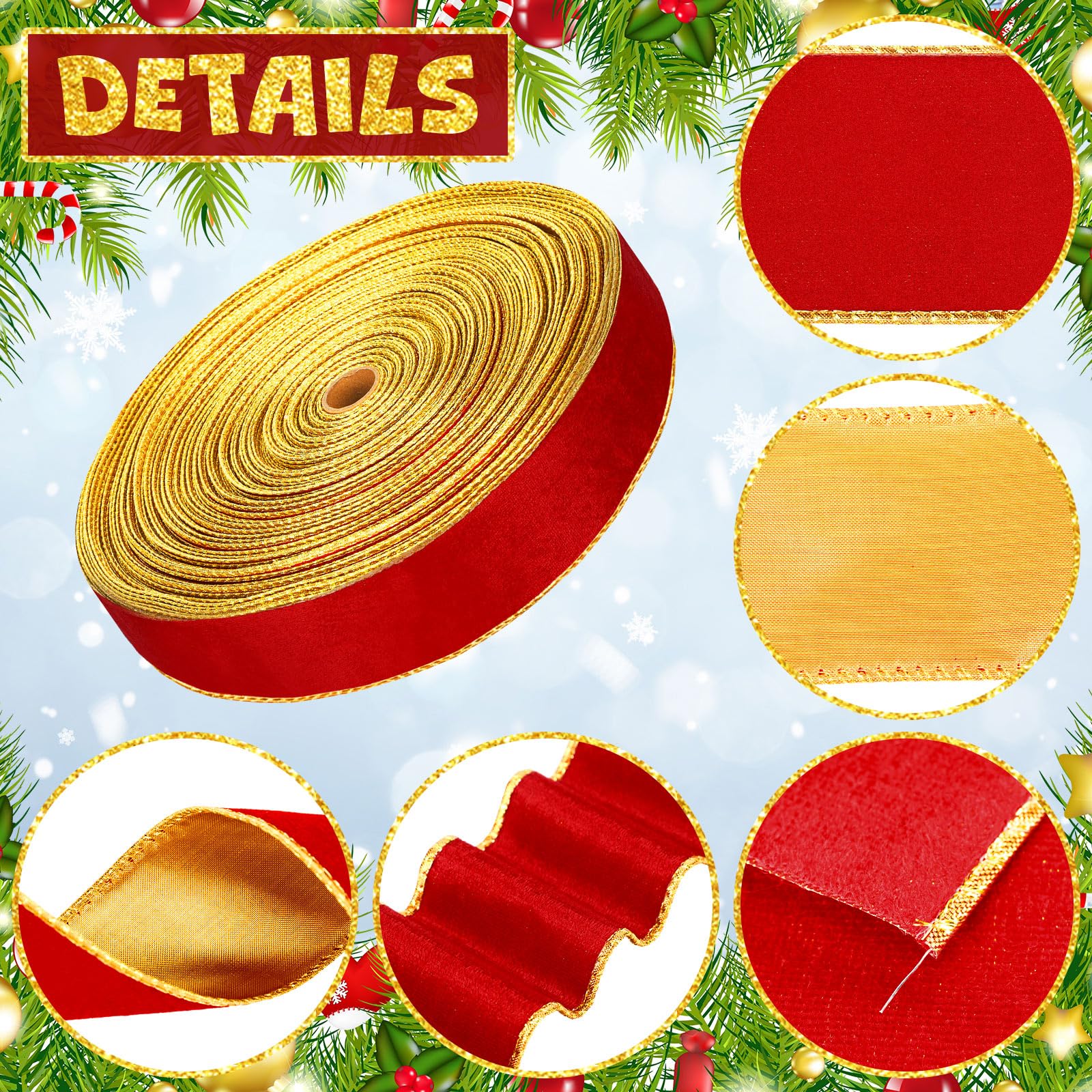 Yinder Weihnachts-Samtband, 6,3 cm, verdrahtet, goldene Kanten, doppelseitiges Band für Weihnachtsschleife, Urlaub, Geschenkverpackungen (91,4 m, Rot, Gold)