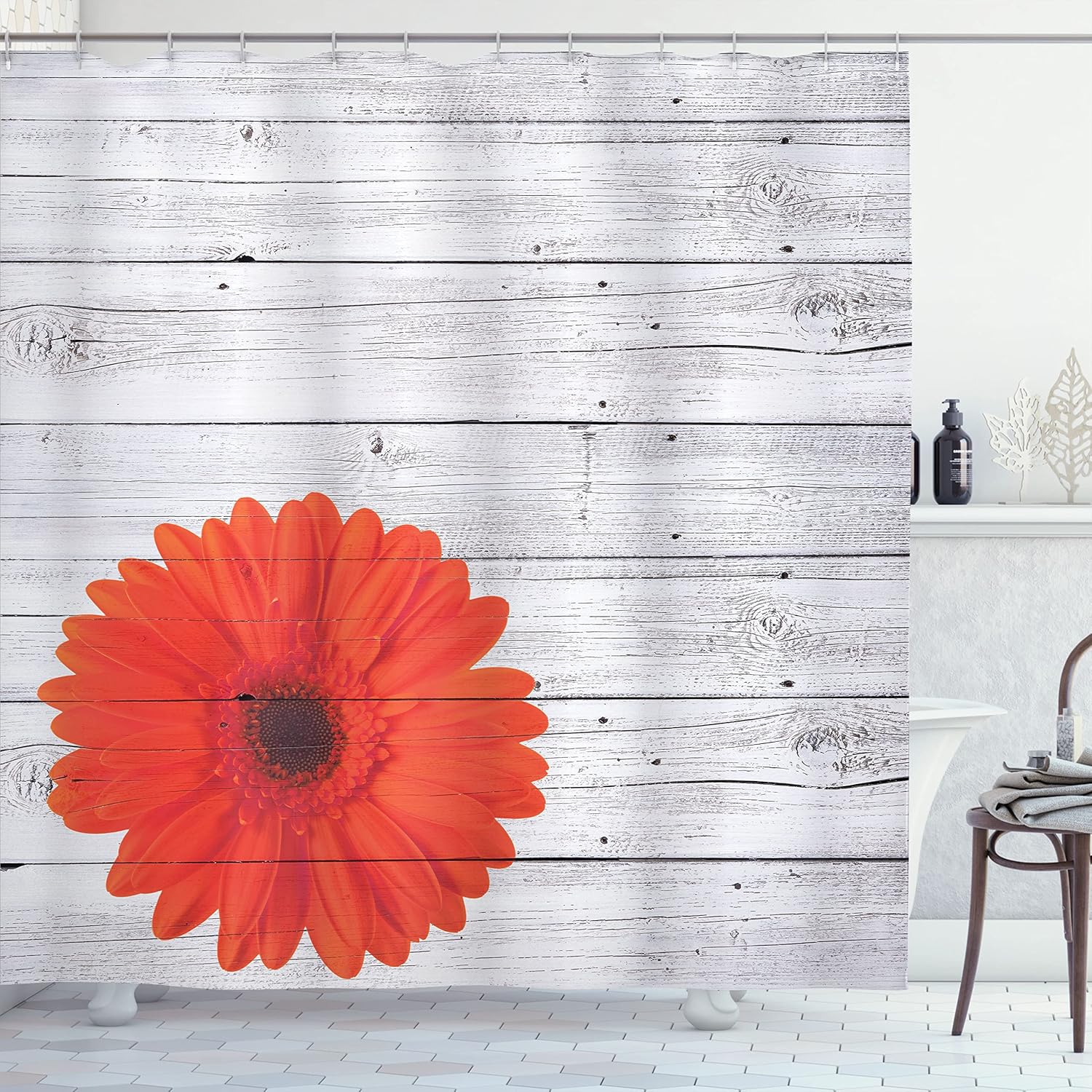 Ambesonne Rustic Shower Curtain, Flower Calendula Floral Figure on Grunge Oak Wooden Planks Artsy Design, Cloth Fabric Bathroom Decor Set with Hooks, 69" W x 75" L, Vermilion Grey