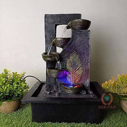 Merupam Leaf Four Step Diya Tabletop Water Fountain for Home Decor with Multicolor LED Light, Meditation Relaxing Indoor Decoration, Zen Fountain for Home, Office, Bedroom Decoration (M-17)