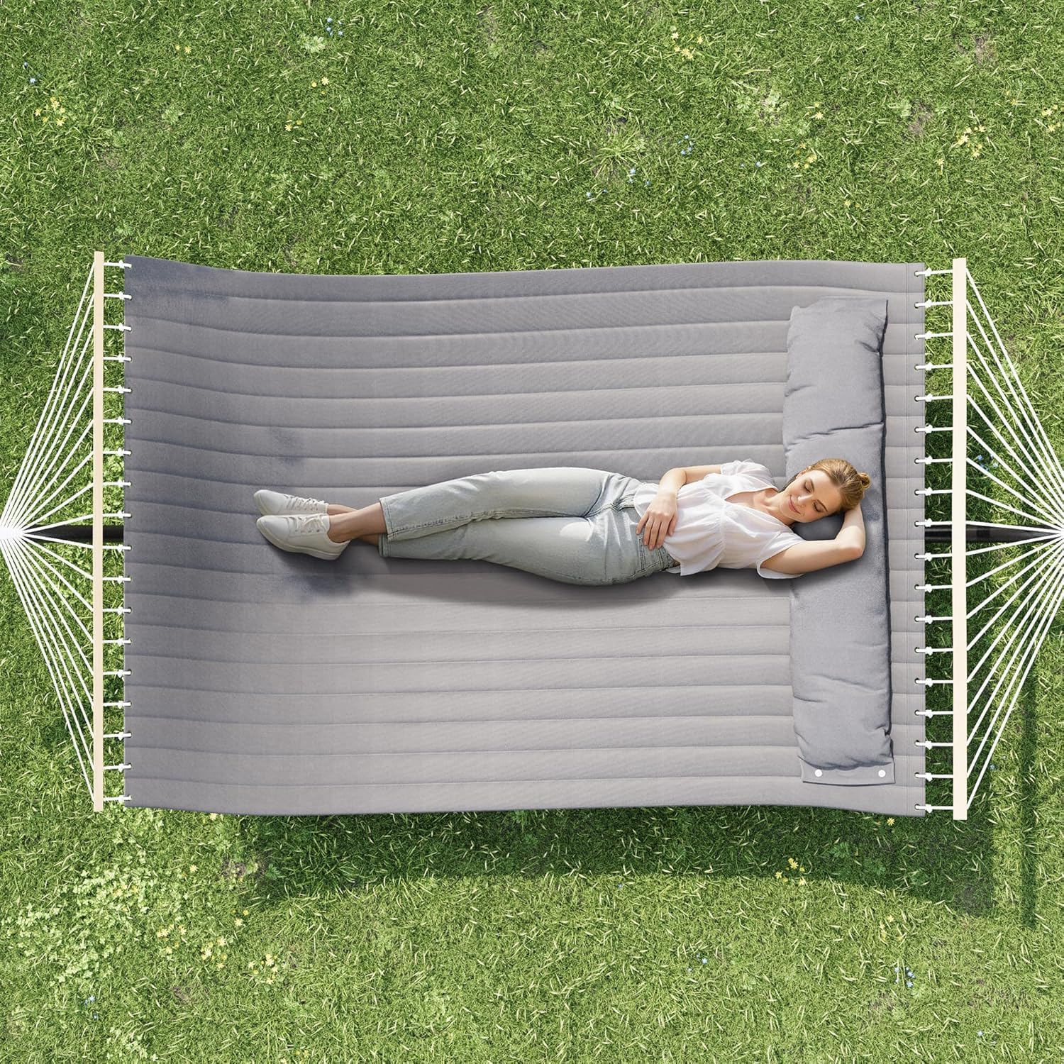 12FT Doppelhängematte mit Stahlgestell bis 200 kg belastbar, wetterfest & atmungsaktiv, mit Kissen und Seitentasche, für 2 Personen, Gartenhängematte für Terrasse, Balkon und Camping