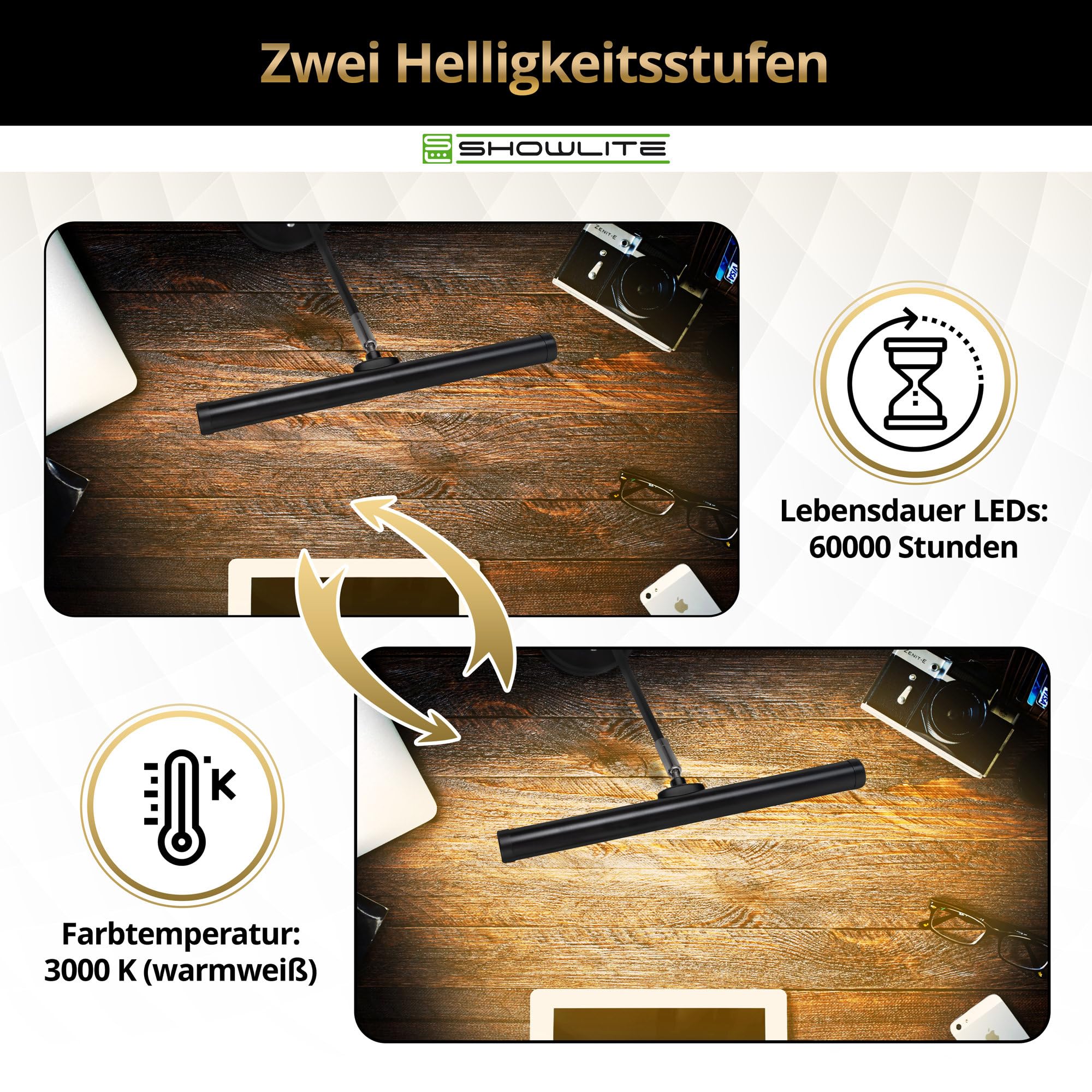 Showlite PL-1-BK-KW Lampada LED per Pianoforte - Lampada per Pianoforte con 15 LED - luce bianco caldo a 2 livelli - altezza 36 cm - alimentazione via USB, rete o batteria - nero