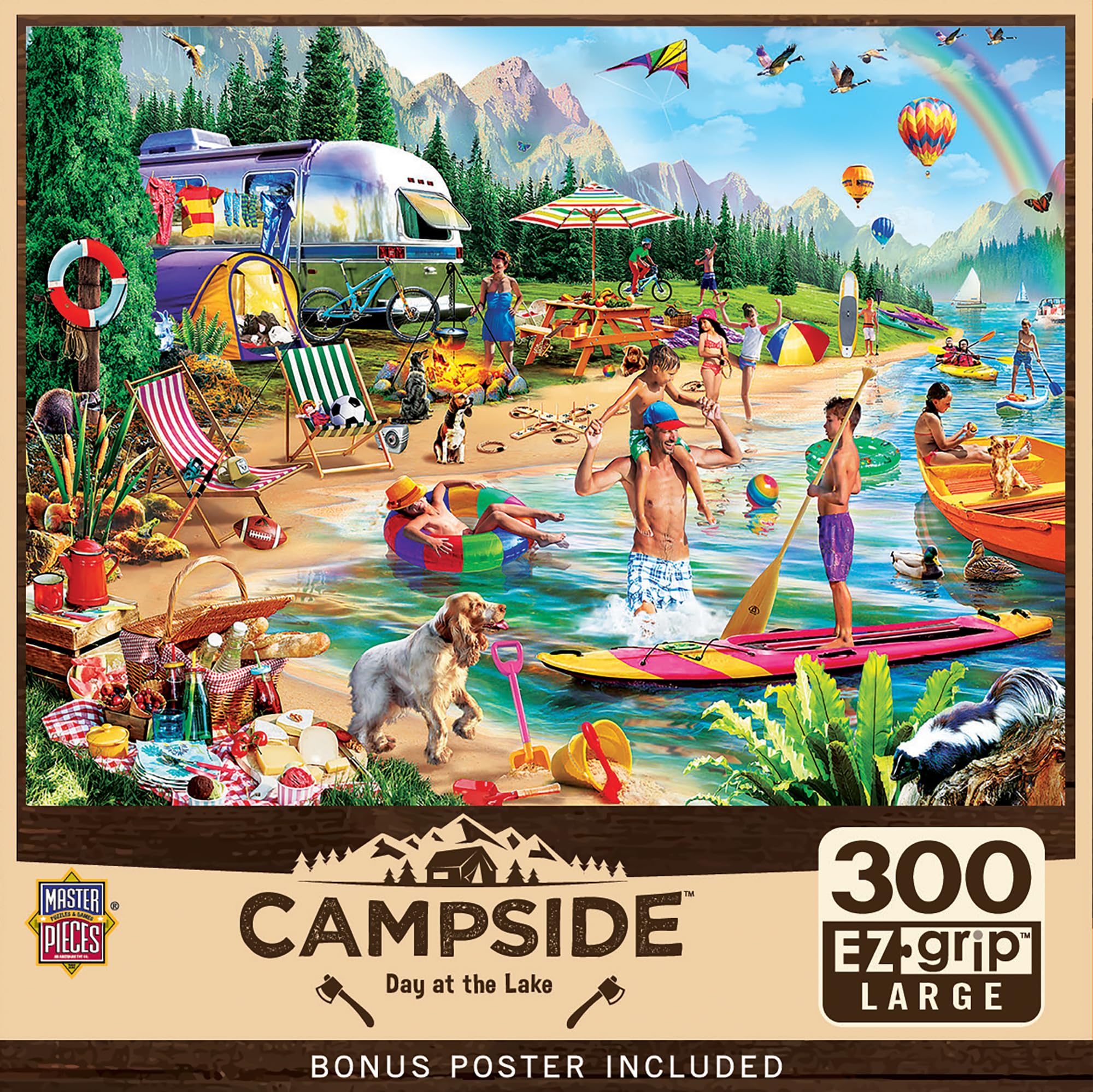 300 Piece Jigsaw Puzzle, Large EZ Grip Shapes, Camp Day at the Lake, Fun for Adults, Seniors, Family, Kids, Non-Glare Finish, 18"x24"