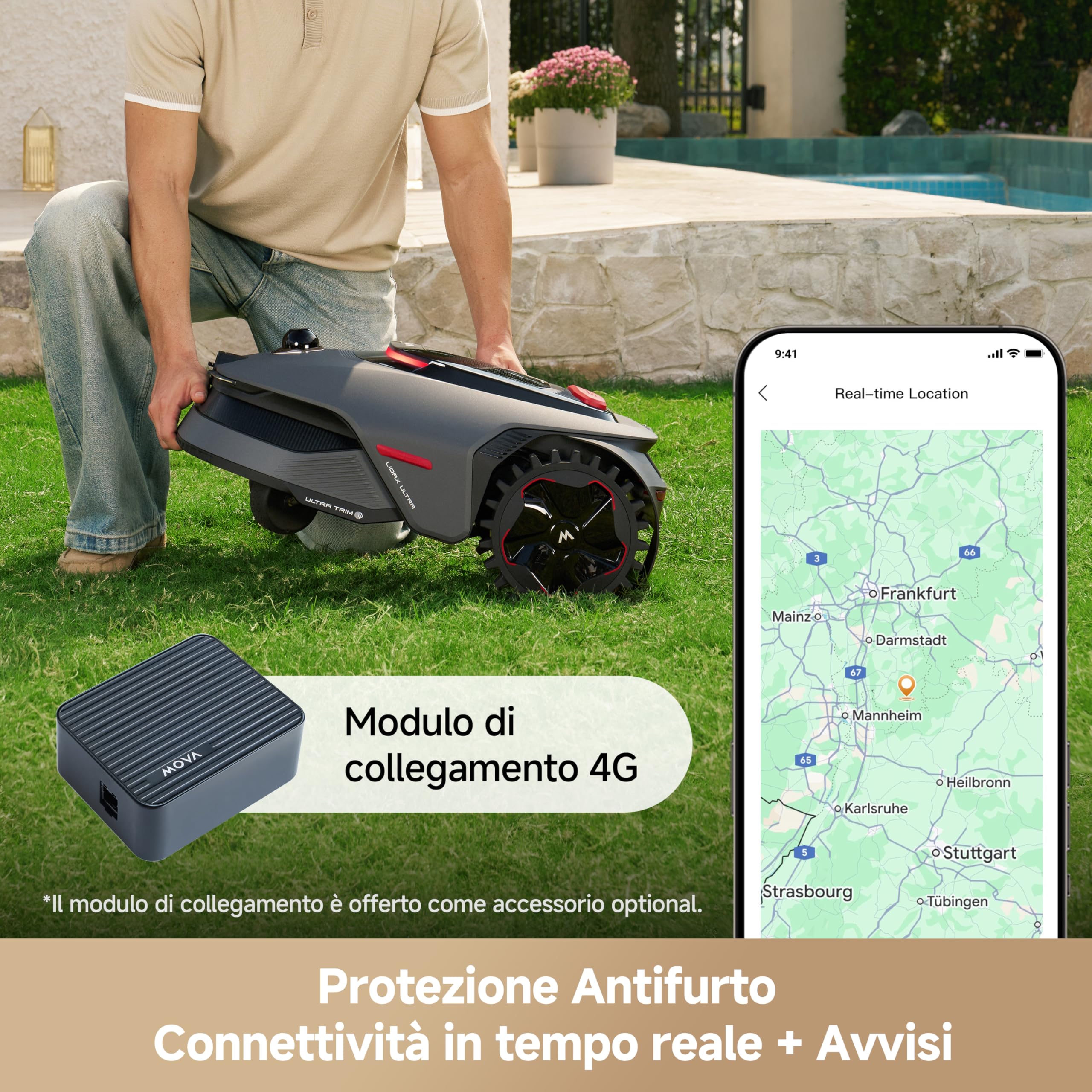 MOVA LiDAX Ultra 1200 Robot cortacésped, sin RTK, mapeo automático con LiDAR 3D de 360°y visión con IA, Corta a Menos de 5 cm de los Bordes, en terrenos complejos, rutas eficientes en Forma de U