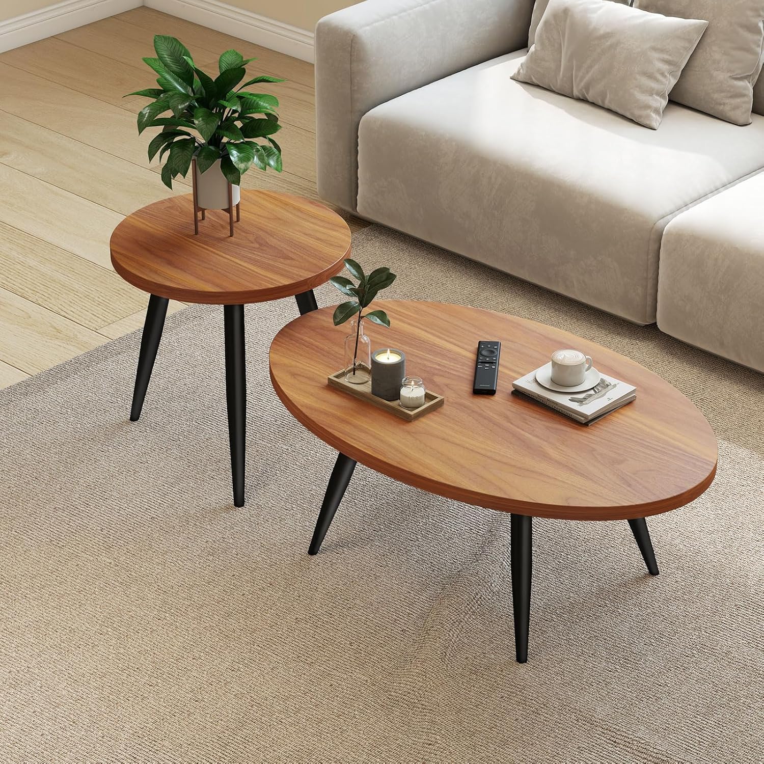 2-Piece Nesting Coffee Table Set, Oval & Round Mid-Century Modern Side Tables with MDF Tabletop & Metal Tapered Legs, Accent Table Set for Living Room, Small Spaces (Walnut)