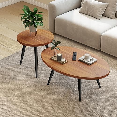 2-Piece Nesting Coffee Table Set, Oval & Round Mid-Century Modern
