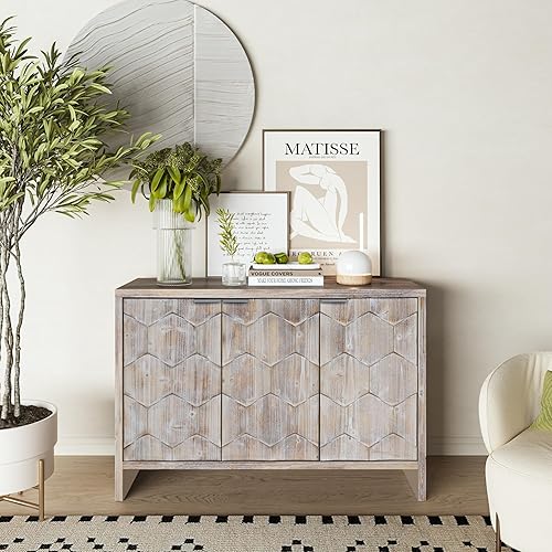 WILSHINE Farmhouse Sideboard Buffet Table Credenza Storage Cabinet Natural Wood White Wash with 3 Doors and Shelves for Kitchen Dining Living Room Bedroom 46 Inch