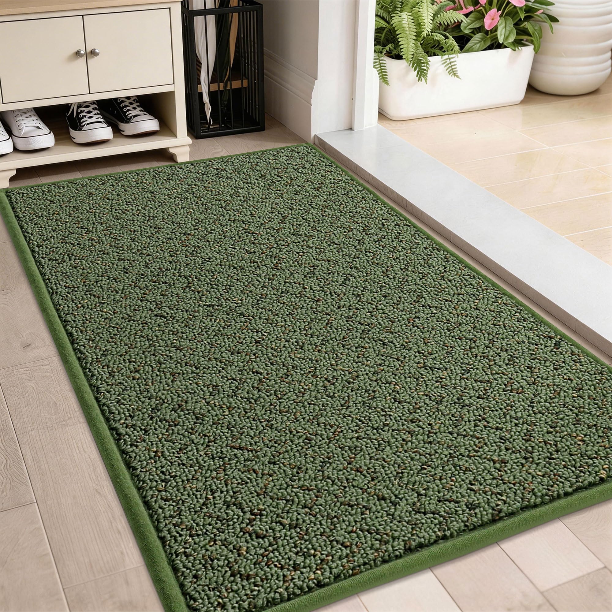 COSY HOMEER Indoor Doormat 60x90 cm, Nonslip TPR Backing Indoor Floor Mat for Inside Door Entrance Entryway, Polypropylene Washable Back Door Mat Dirt Trapper Area Rugs, Olive Green