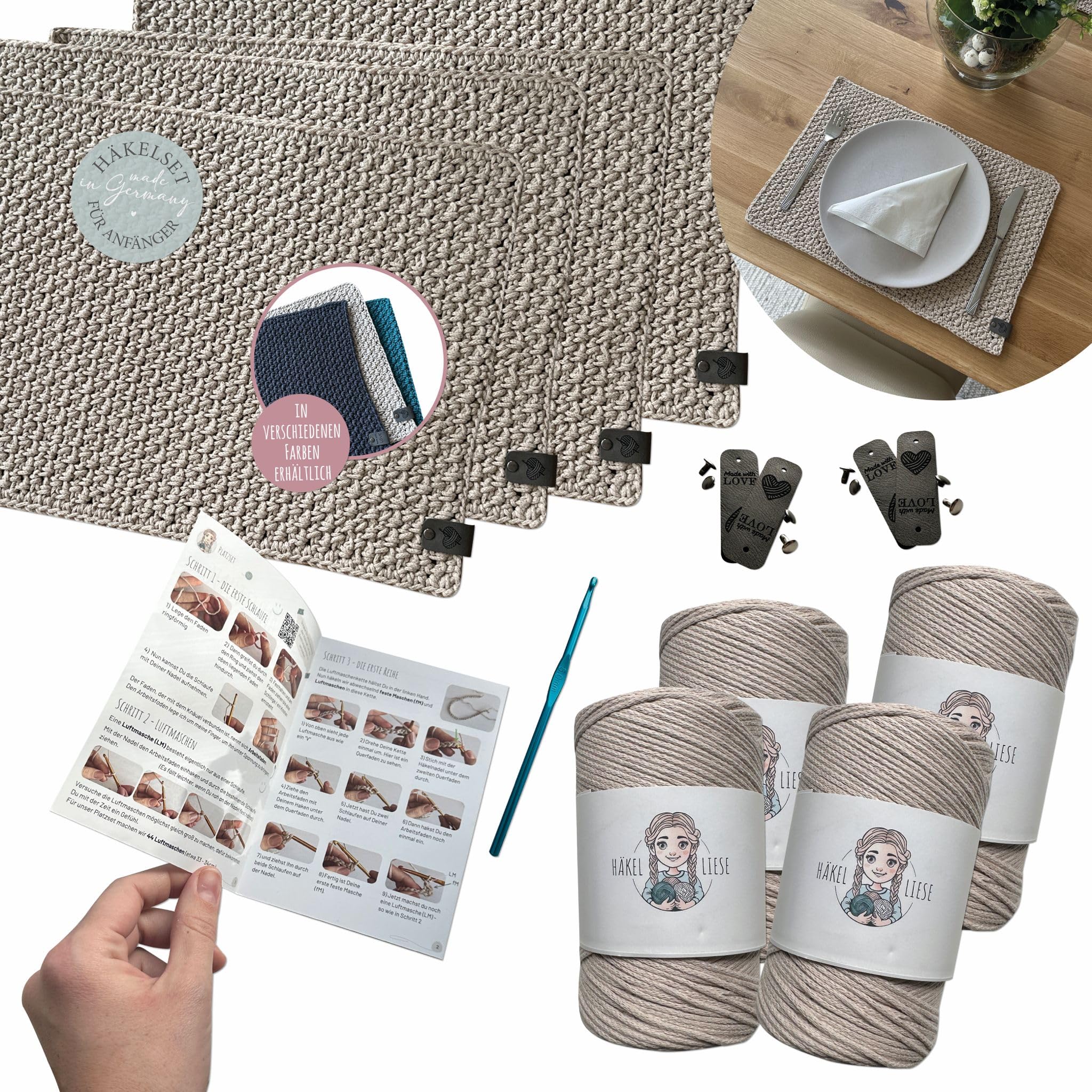 HÄKEL LIESE Kit de crochet pour débutants - Sets de table au crochet et sets de table en tissu - Kit de crochet DIY pour adultes pour apprendre au crochet - Lot de 2 ou 4 (4, beige)