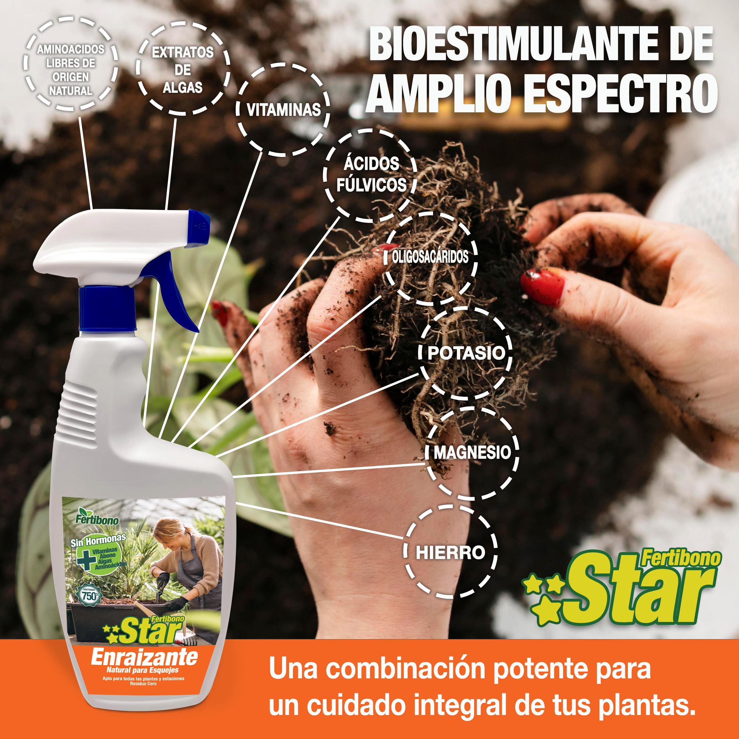 FERTIBONO STAR: Enraizante Orgánico para Plantas y Esquejes, (750ml), Crecimiento Rápido y Fuerte, Enriquecido con Abono, Vitaminas y Algas, Sin Hormonas – Residuo Cero.