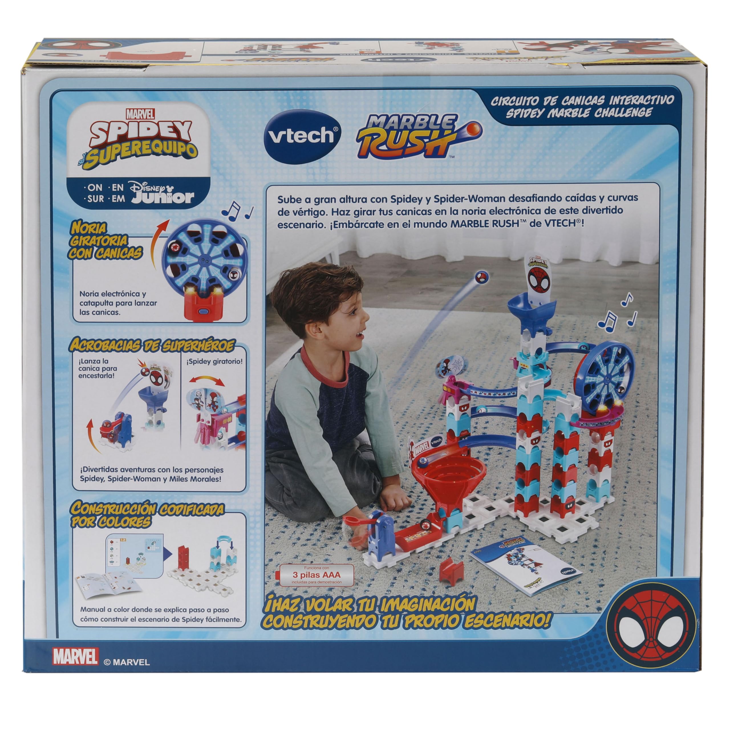 VTech - Marble Rush Spidey Challenge, Circuito de canicas Interactivo y Juguete de construcción, 65 Piezas, 6 canicas Personalizadas, Regalo para niños +4 años, Contenido en Español