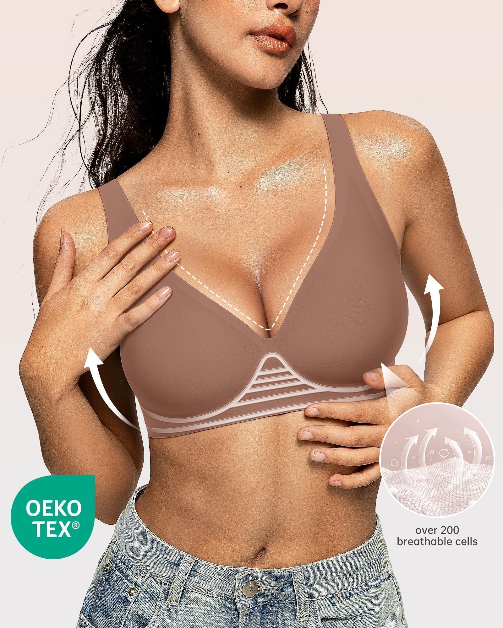 OEAK Womens Deep V Bras Wireless Comfortable Bra Supportive No Underwire Bras Tshirt Push Up Bralettes Plunge Seamless Bra Coffee M view 2