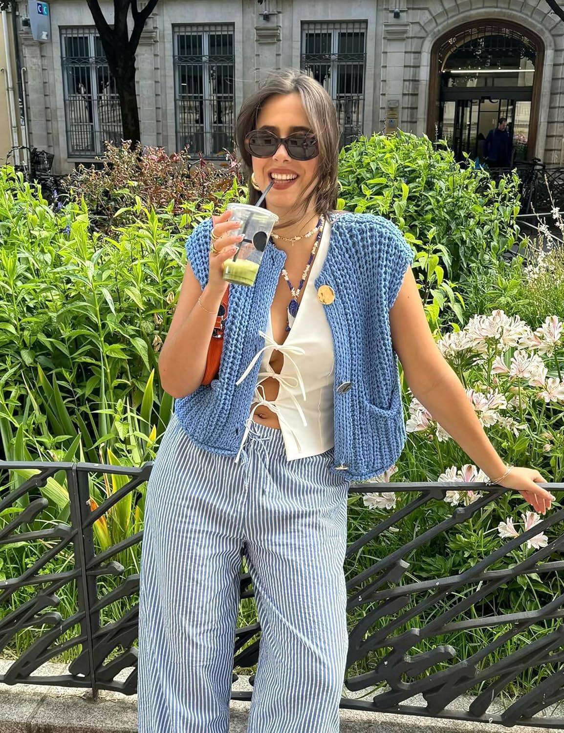 Womens Casual Chunky Knit Vest Gold Button Down Crop Crochet Sleeveless Sweater Vest - Image 5