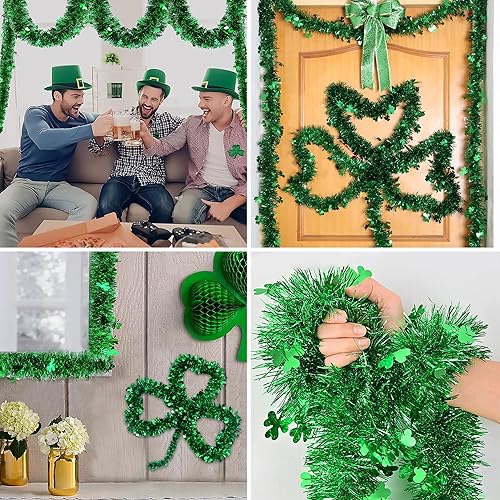Miniatura 7 de Guirnalda de oropel del día de San Patricio, 5 unidades, 33 pies, trébol metálico, guirnalda verde brillante con purpurina para decoración irlandesa