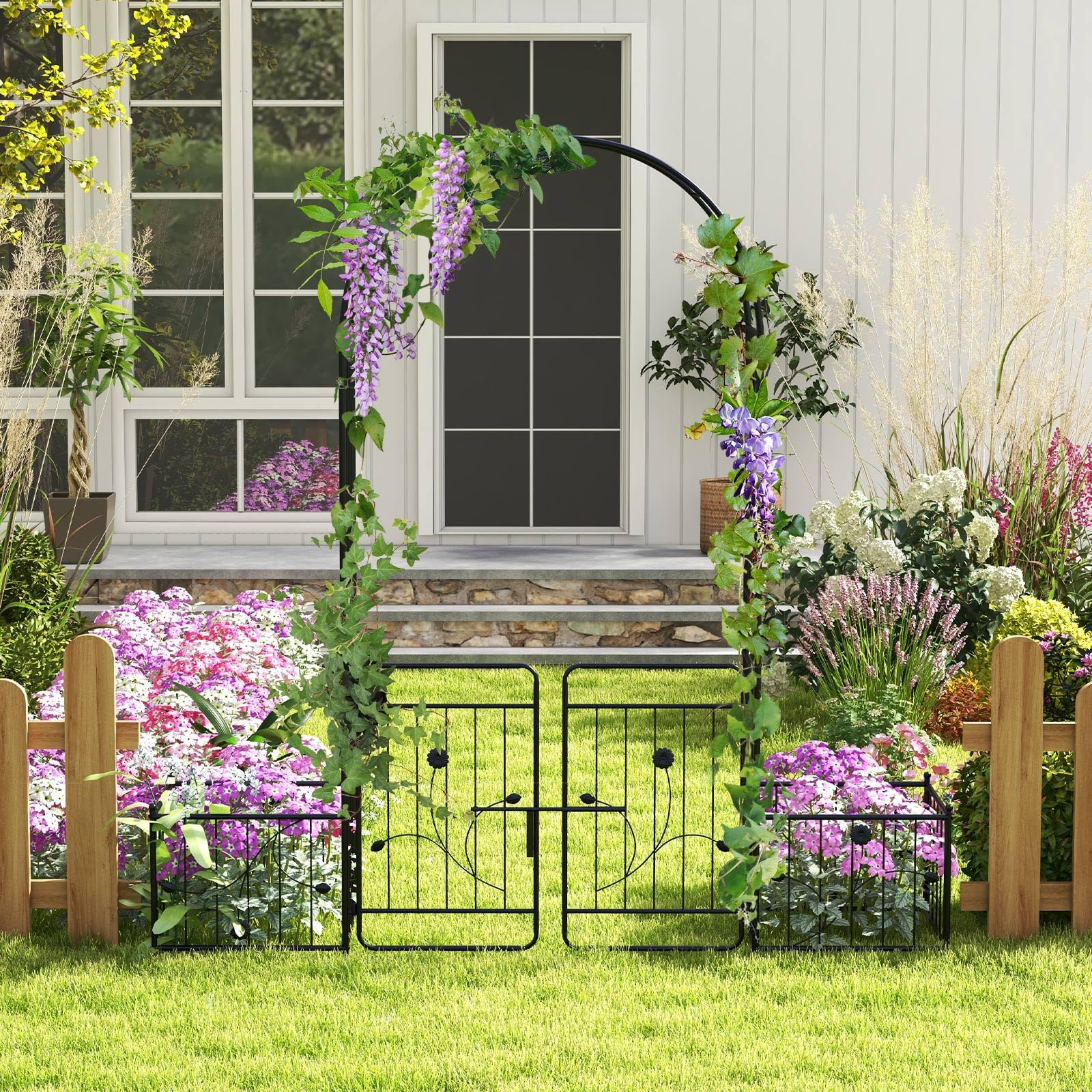 COSTWAY Arco da Giardino, Pergolato in Metallo con Cancello Bloccabile e Fioriere Laterali, Arco per Piante Rampicanti e Viti da Uva, Decorazione per Cerimonia Matrimoniali