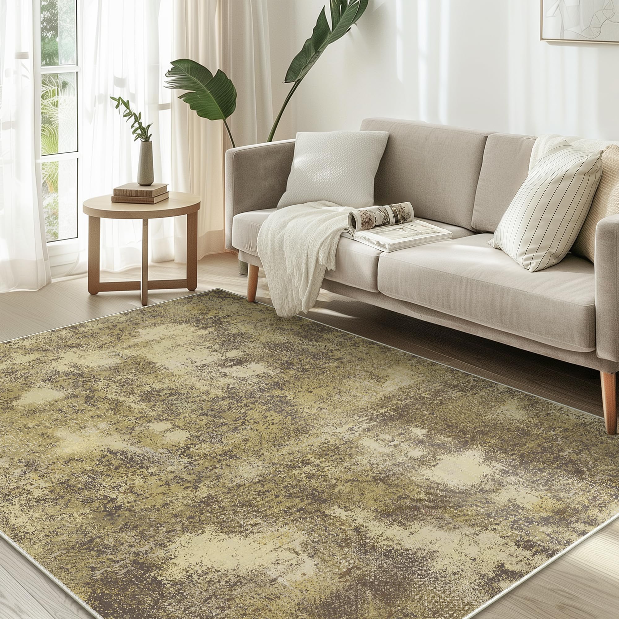 Area Rugs 8x10 for Living Room Bedroom, Modern Abstract Machine Washable Rug, Large Soft Low Pile Floor Carpet with Non Slip Backing for Dining Room, Amber Brown