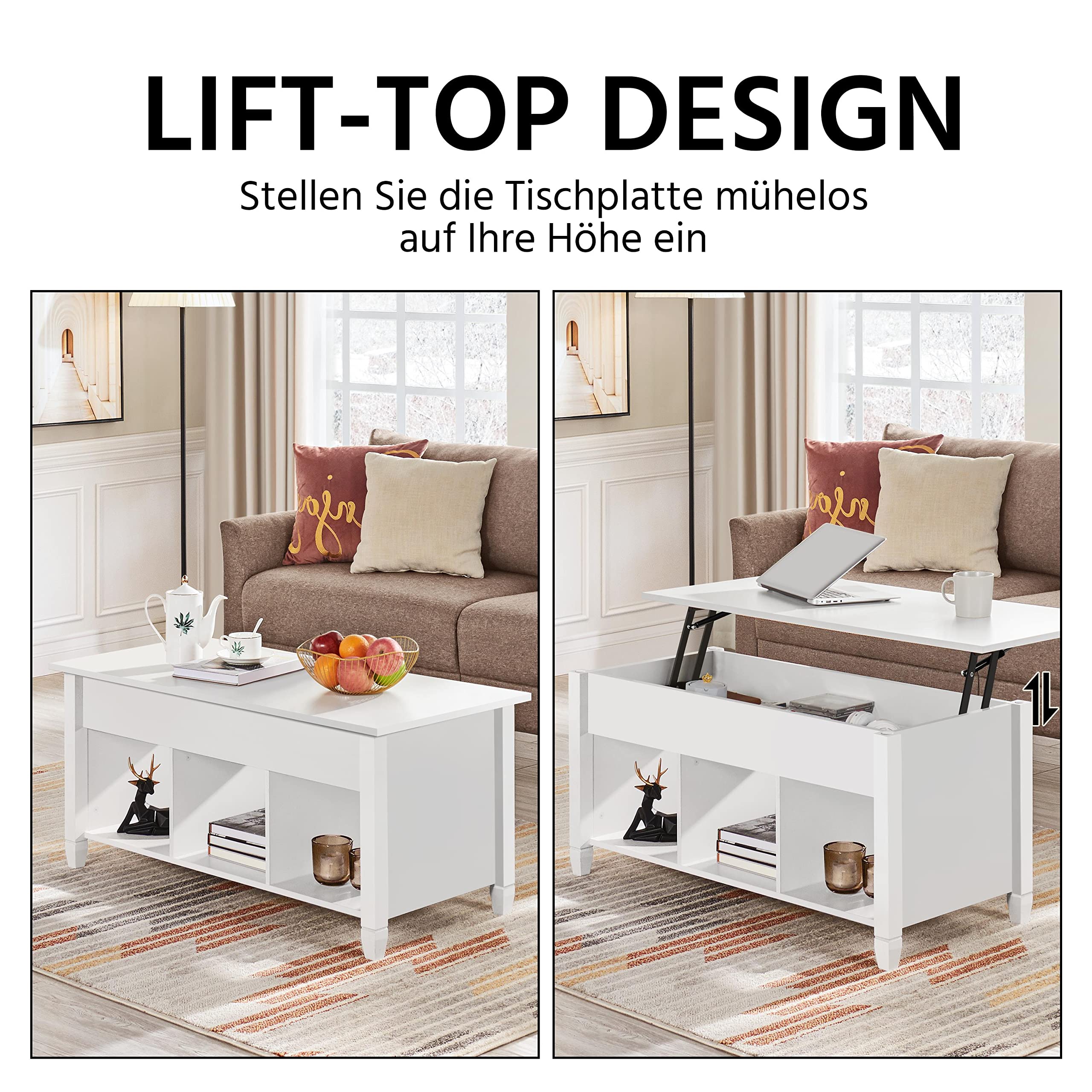 Yaheetech Couchtisch höhenverstellbar Kaffeetisch mit Hebeplatte Hubtisch versteckter Stauraum Beistelltisch aus Holz Sofatisch für Wohnzimmer Weiß