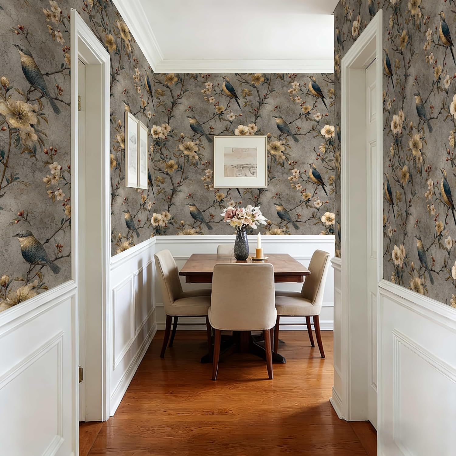 Vintage Bird Floral Peel and Stick Wallpaper, (Gray and Gold) Distressed Shabby Chic Pattern Wallpaper for Home Decor | 17.7" x 118", Self-Adhesive, Waterproof Vinyl