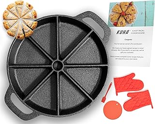KUHA Cast Iron Scone Pan – Pre-Seasoned Divided Baking Skillet – Round W...