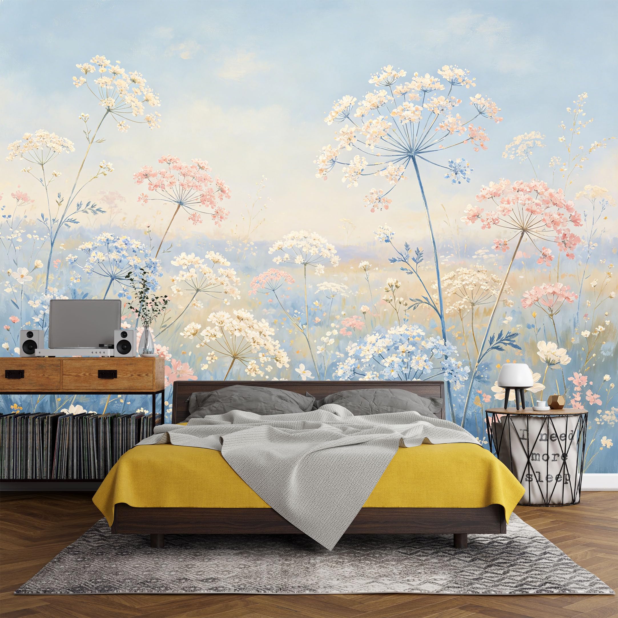 Custom Size Wall Mural， Botanical Pastel Wildflower Meadow Watercolor Landscape，SelfAdhesive Art Prints wall Fabric (No PVC) Removable Wallpaper Living Room Decor