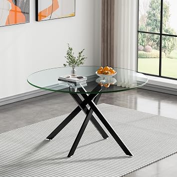 47.25 Glass Top Round Dining Table for 4-6, Sturdy Black Metal Legs, Glass Round Kitchen Table for Apartment, Space Saving Dining Room Table for Small Space Modern Circle Side Desk