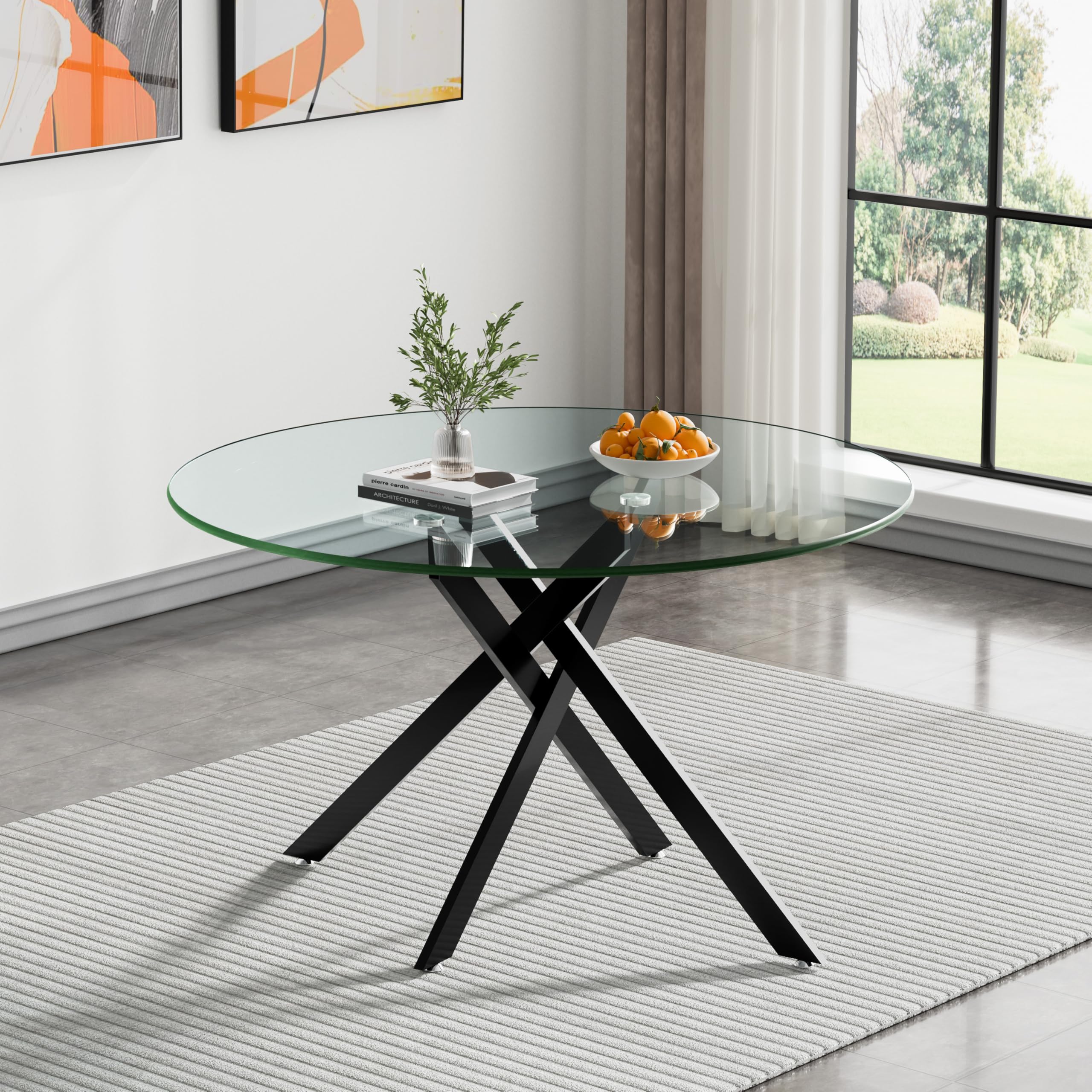 Binrrio 47.24" Round Glass Dining Table Modern Kitchen Glass Top Table for 6 with Black Metal Legs, Clear Dining Table Kitchen Table for Home Office