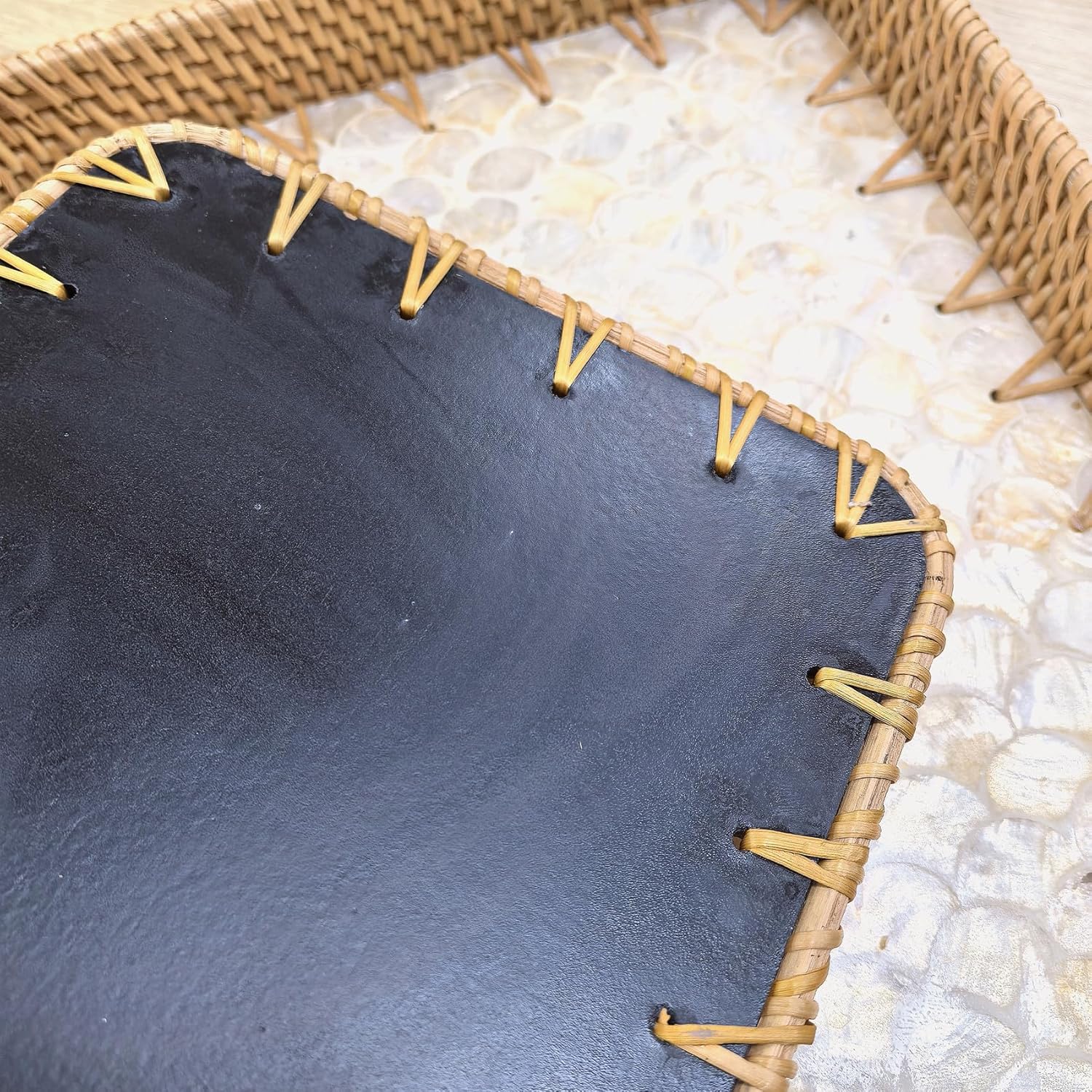 i-lan 2-Piece Rectangular Rattan Serving Trays with Mother of Pearl Inlay, 13" & 11.5" Decorative Storage Trays for Home Organization, Entertaining, and Tabletop Display - Image 5