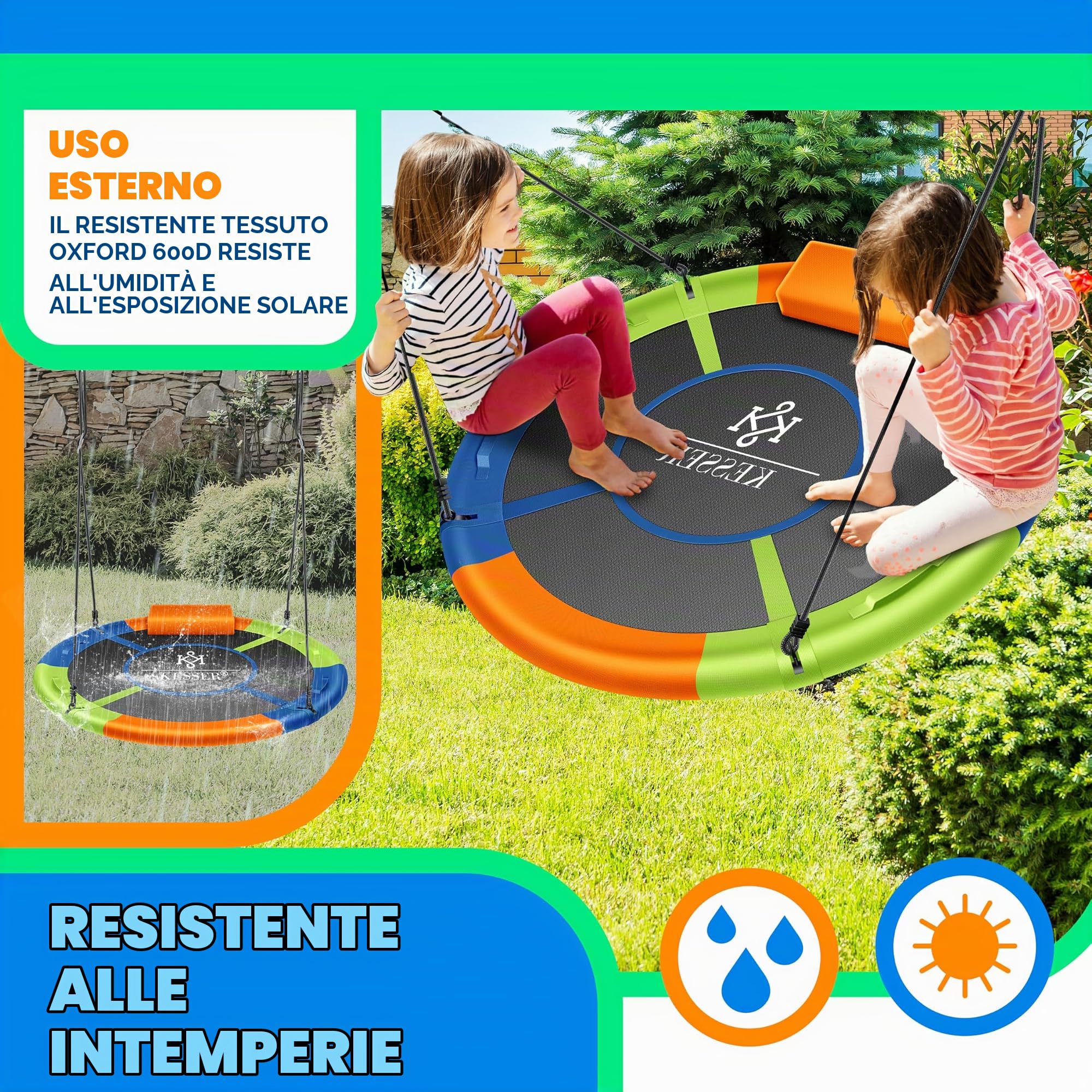 KESSER® Altalena a disco, diametro 60 cm, portata fino a 200 kg, con cuscino e 4 manici regolabili, per interni ed esterni, per bambini e adulti, multicolore