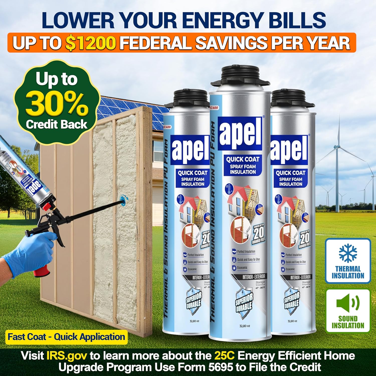 apel Spray Foam Insulation Kit (36 x 32.80 oz./720 Bd ft) Heat and Acoustic Insulation, Self Expanding Polyurethane Foam, Application Gun and Cleaner Included - 36 Pack