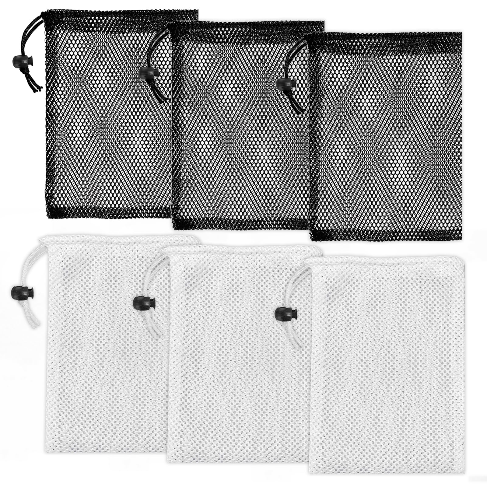 6pcs Small Mesh Laundry Bags, Mesh Bags with Zipper White, Organizer Storage Bag for Golf Stuff, Little Toys, with Cord Lock Closure Sack(Black, White) 20 X 15 Cm