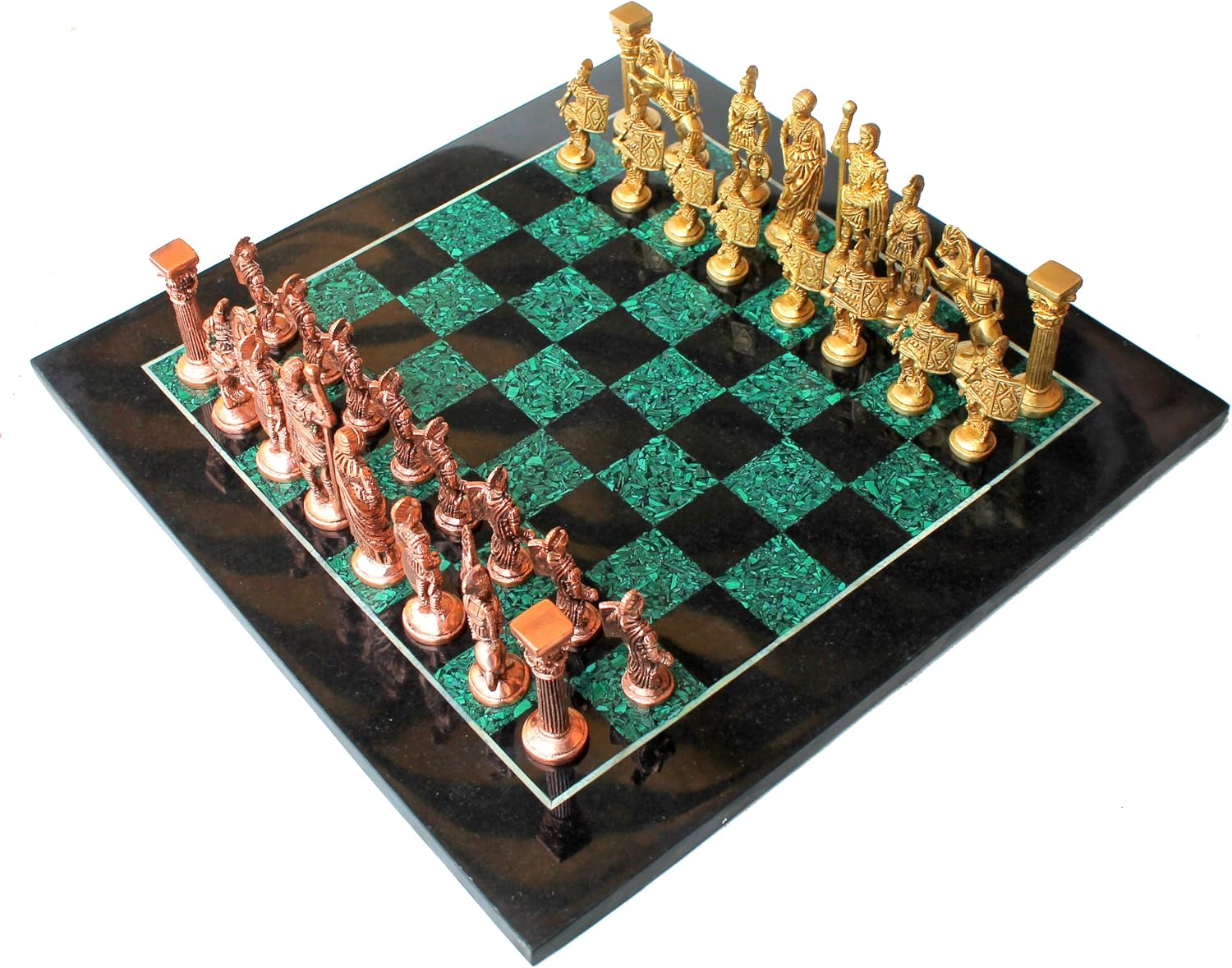 StonKraft Collectible Black Marble and Malachite Stone Chess Board Set + Brass Roman Chess Pieces Pawns - Decorative Stone Chess - Home Décor - 15" Inches