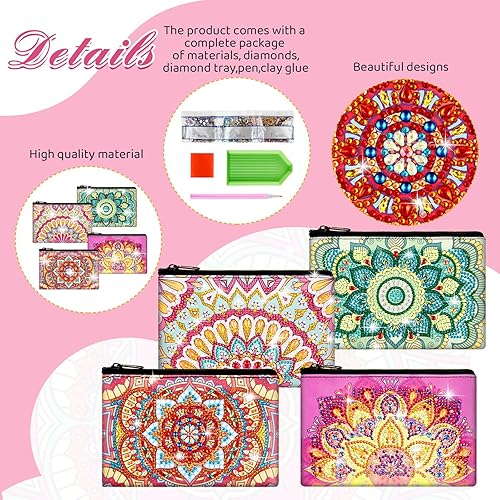 Miniatura 5 de Silkfly 4 bolsas de maquillaje con pintura de diamantes, monederos de bricolaje, artículos de tocador 5D, hechos a mano, doble diseño, pintura de