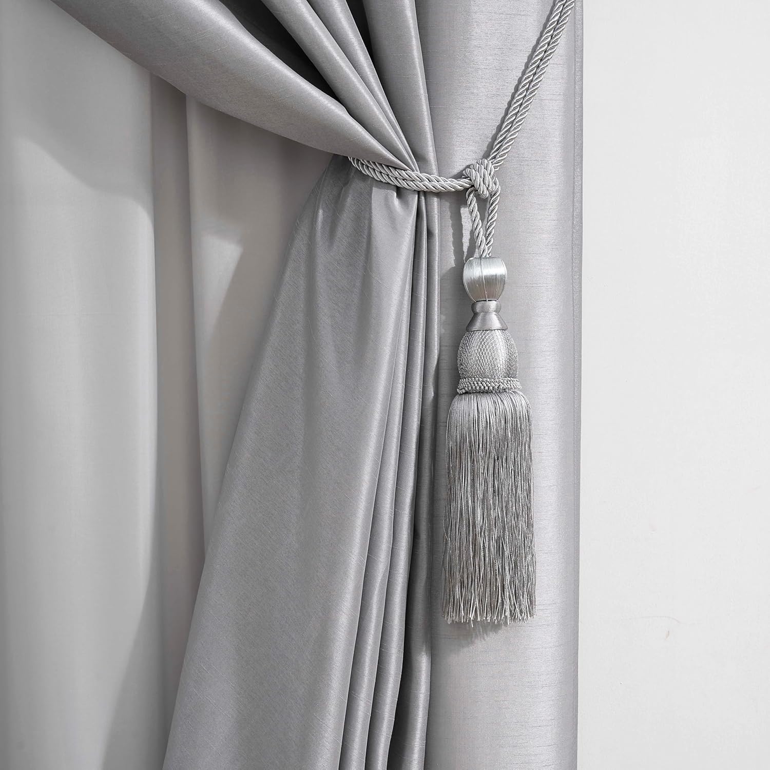 Chezmoi Collection Royale 4-Piece Jacquard Floral Window Curtain/Drape Set with Sheer Backing Valance Tassels, Silver/Gray