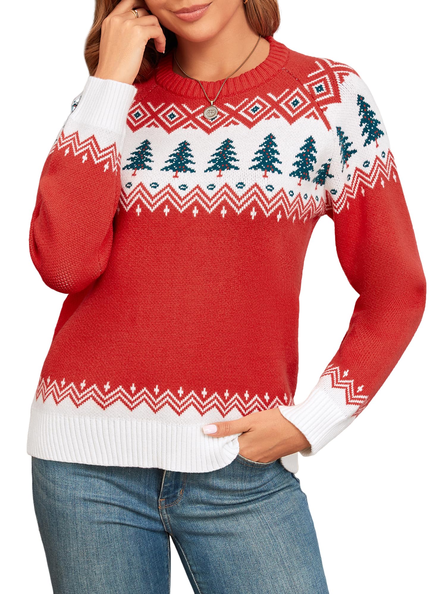 ZAFUL Womens Christmas Cedar Snowflake Trucks Patterns Knitted Sweater Long Sleeve Floral Printed Pullover Tops