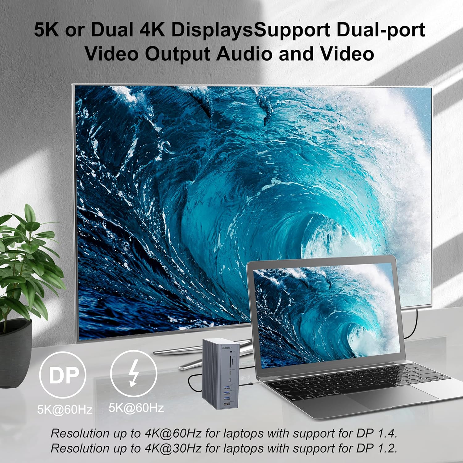 Image showing a laptop connected to a docking station with a single 5K monitor.