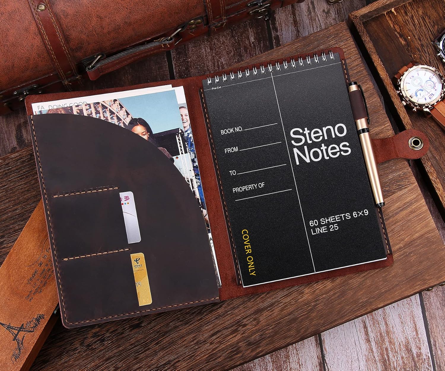 Leather Folio Cover for 6"x9" Steno Pads, Handmade Leather Cover for A5 Size Notebook with Pen Loop, Leather Cover Compatible with Rocketbook Flip Executive Size,Coffee