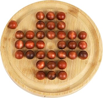 TOWO Wooden Solitaire Game Peg Solitaire Puzzle Toy - Classic Board Game Marble Chess Mind Game 22.5 CM 8.8 Round Board with Wooden Balls One Player Gameplay Brainteaser Puzzle