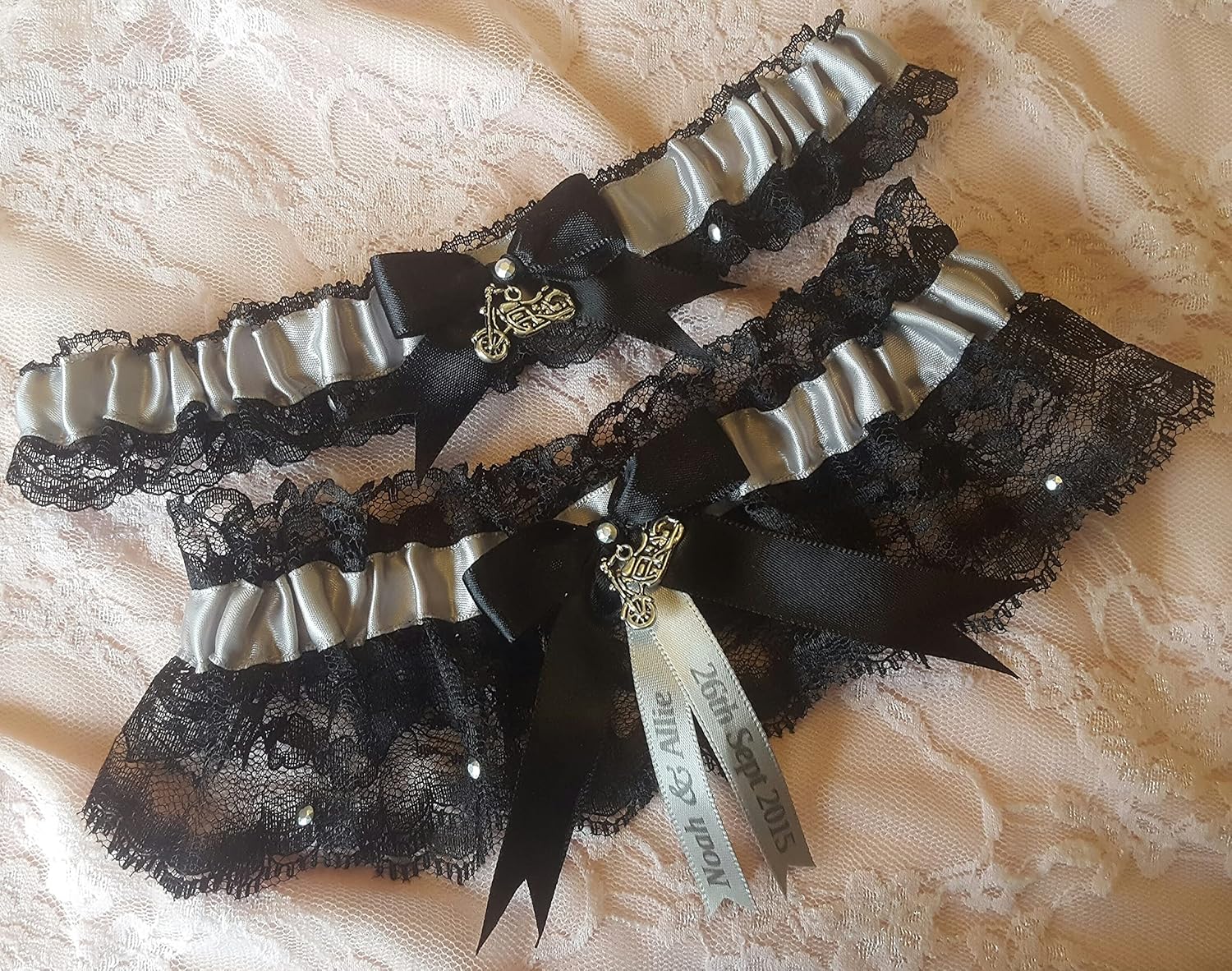 Handcrafted Silver & Black Motorcycle Biker Wedding Garter Set