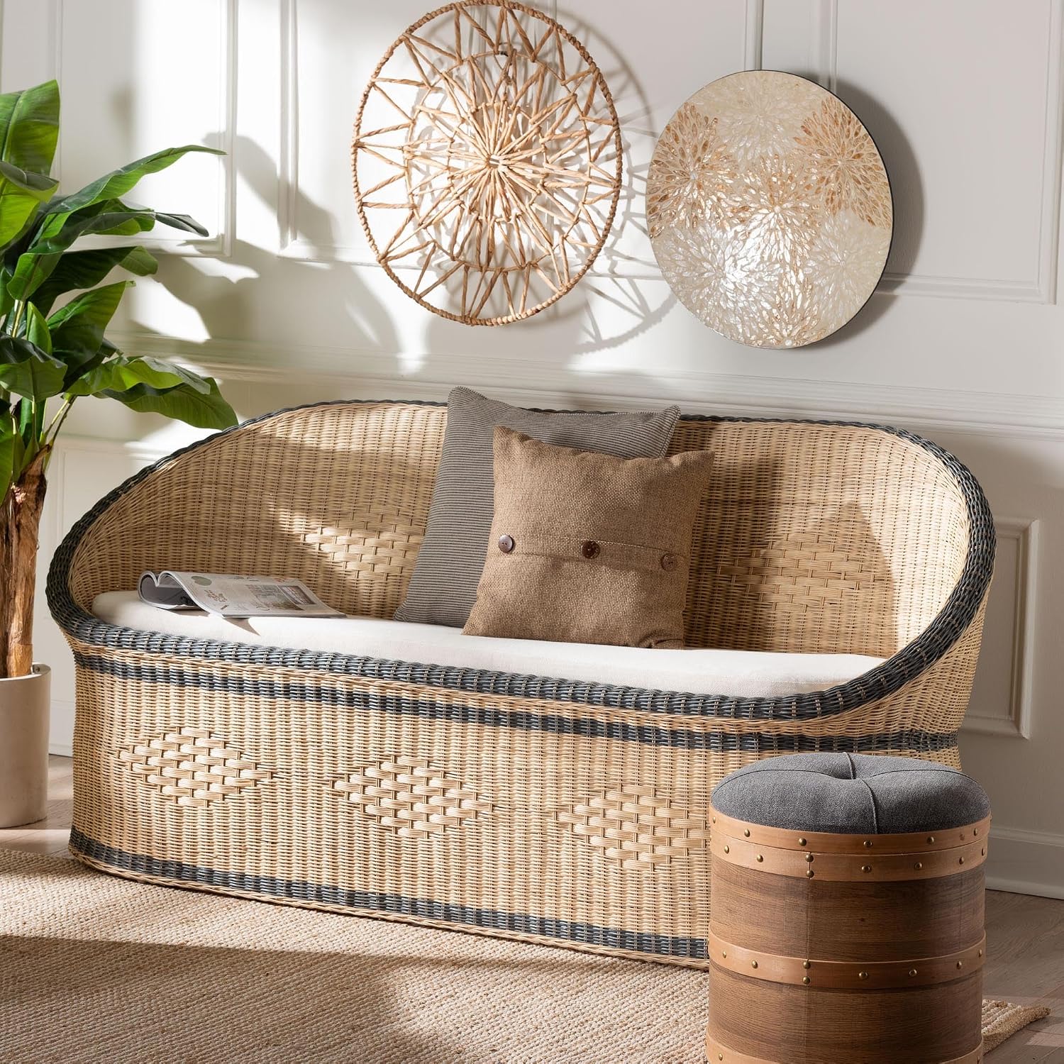 Bali & pari Emiliana Natural Rattan Loveseat - Handwoven Wicker Sofa with Two-Tone Woven Detailing and Cushion, Boho Coastal Seating for Living Room or Sunroom