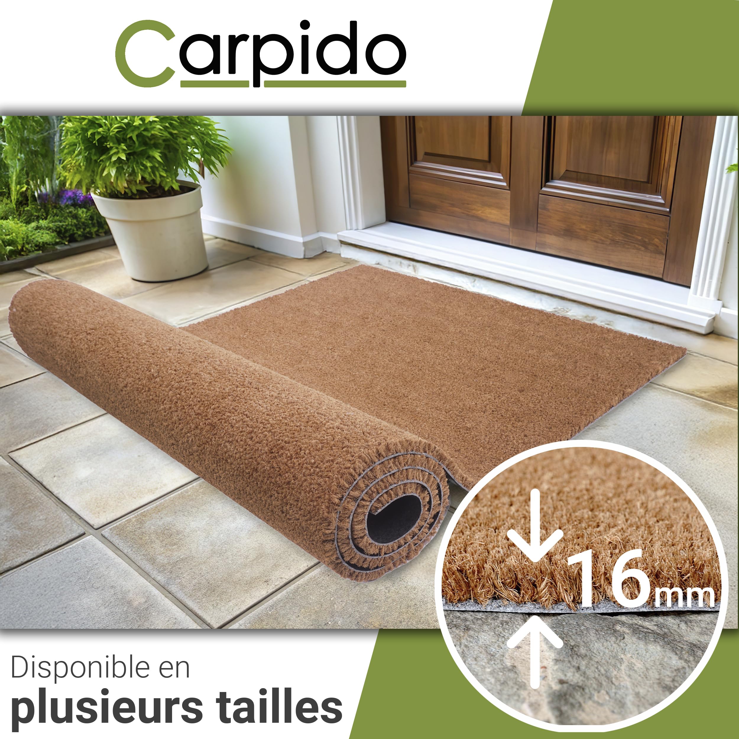 Carpido Paillasson Coco 60 x 90 cm très résistant - 16mm Tapis Coco Naturel antibactérien - Paillasson Anti-salissures écologique