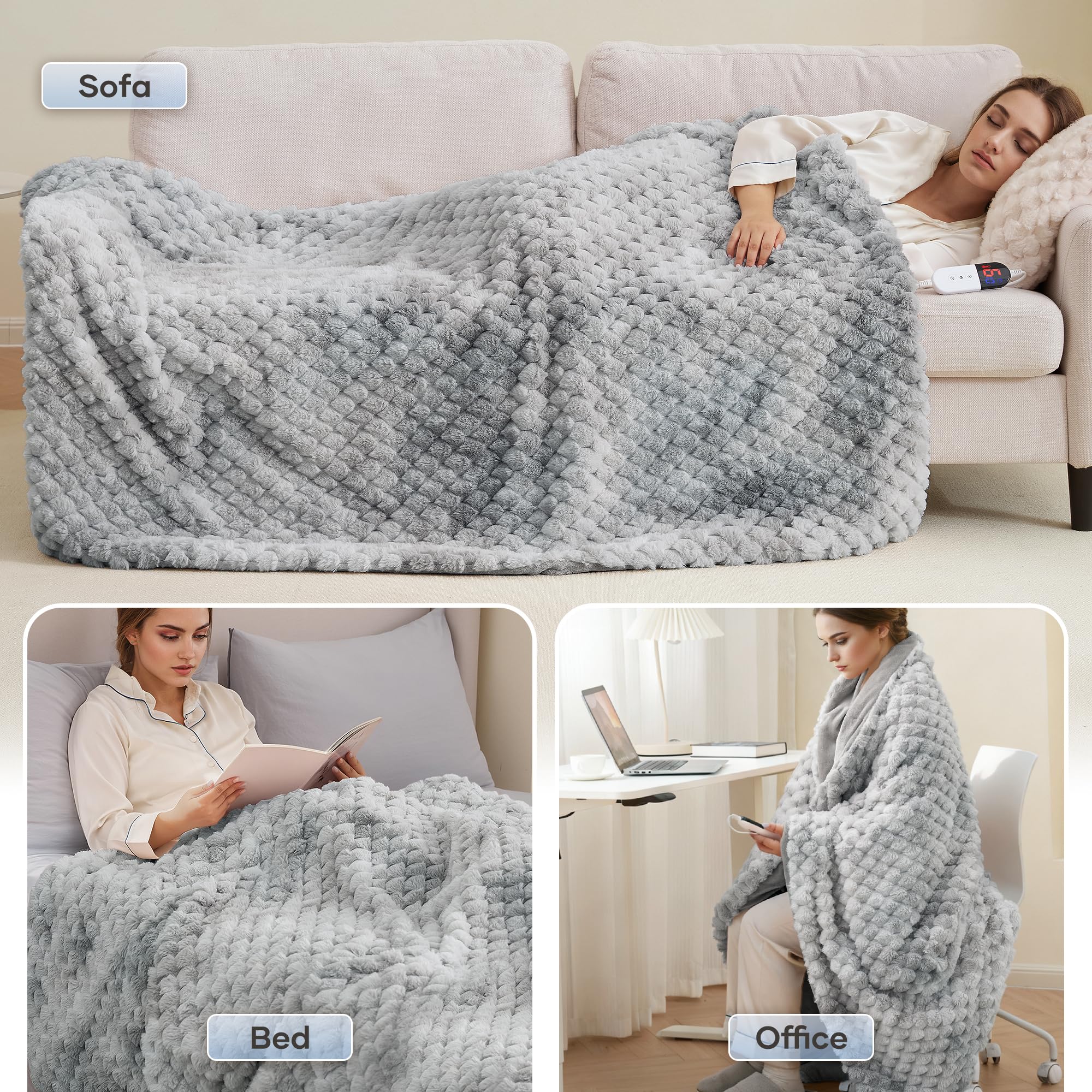 Coperta Elettrica Riscaldante 130x180 cm, Jacquard 3D a Petalo in Peluche di Coniglio & Flanella, 6 Livelli di Calore & Spegnimento Automatico 1-10H, Lavabile per Letto, Divano, Ufficio (Blu)