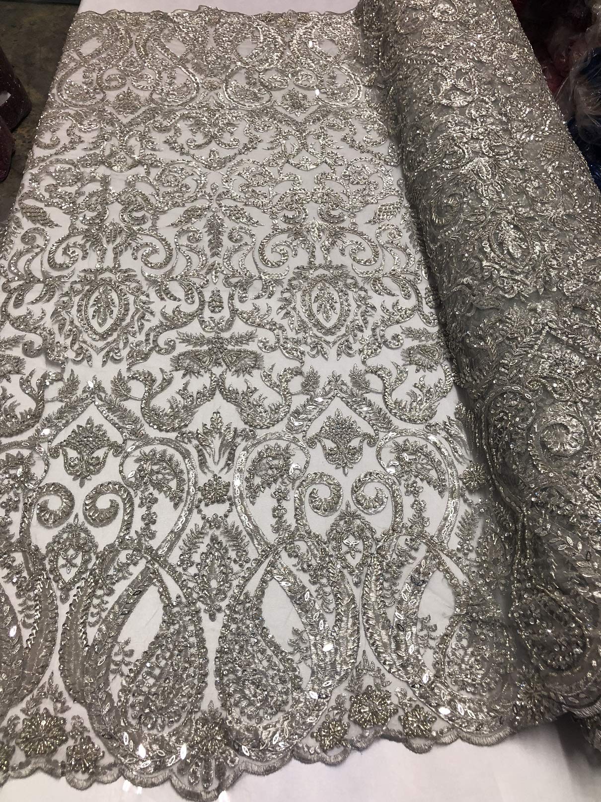 Beaded Embroided Elegant Paisley Pattern Fabric - Silver - Embroidery Fabric with Beads on Mesh Many Colors Sold by The Yard