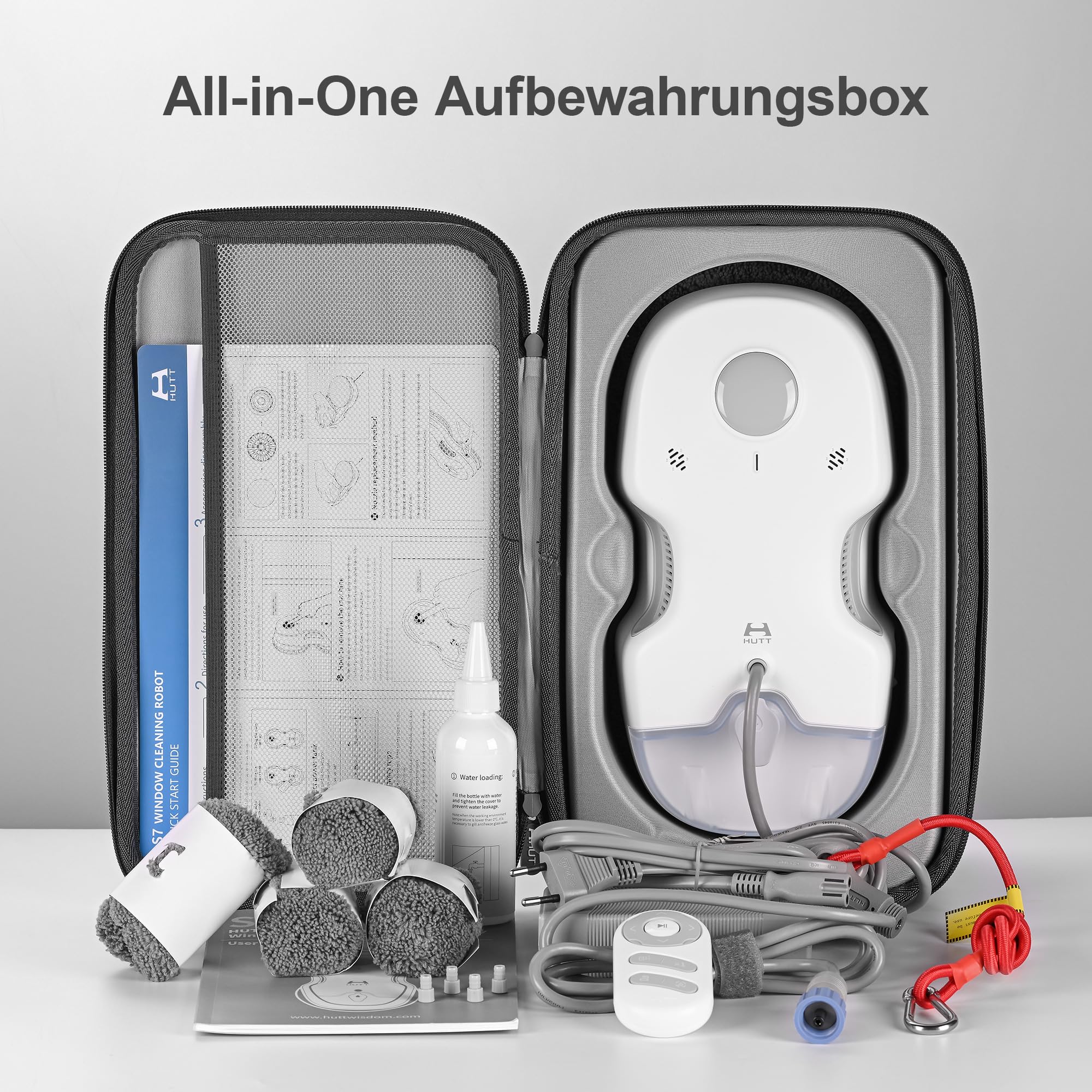 HUTT S7 Fensterputzroboter mit aktiver Sprühfunktion, 6500 Pa Saugkraft, 3D Schwebepad, automatischer Fensterreiniger elektrisch mit 80 ml Tank, Mehrfachschutz, 8× Reinigungslappen, Transportkoffer